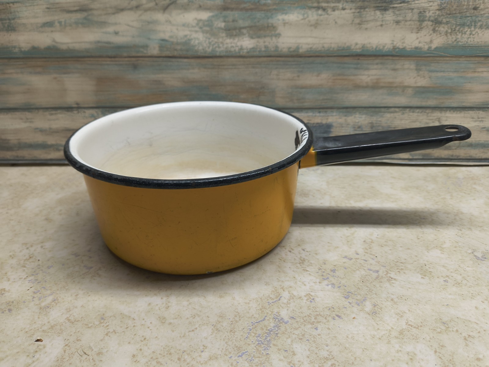 Vintage Yellow Enamelware Saucepan White Interior Black Handle