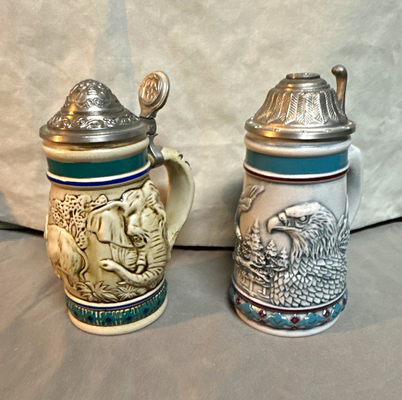 Avon Endangered Species Lidded Steins Lot 2 Bald Eagle & Asian Elephant