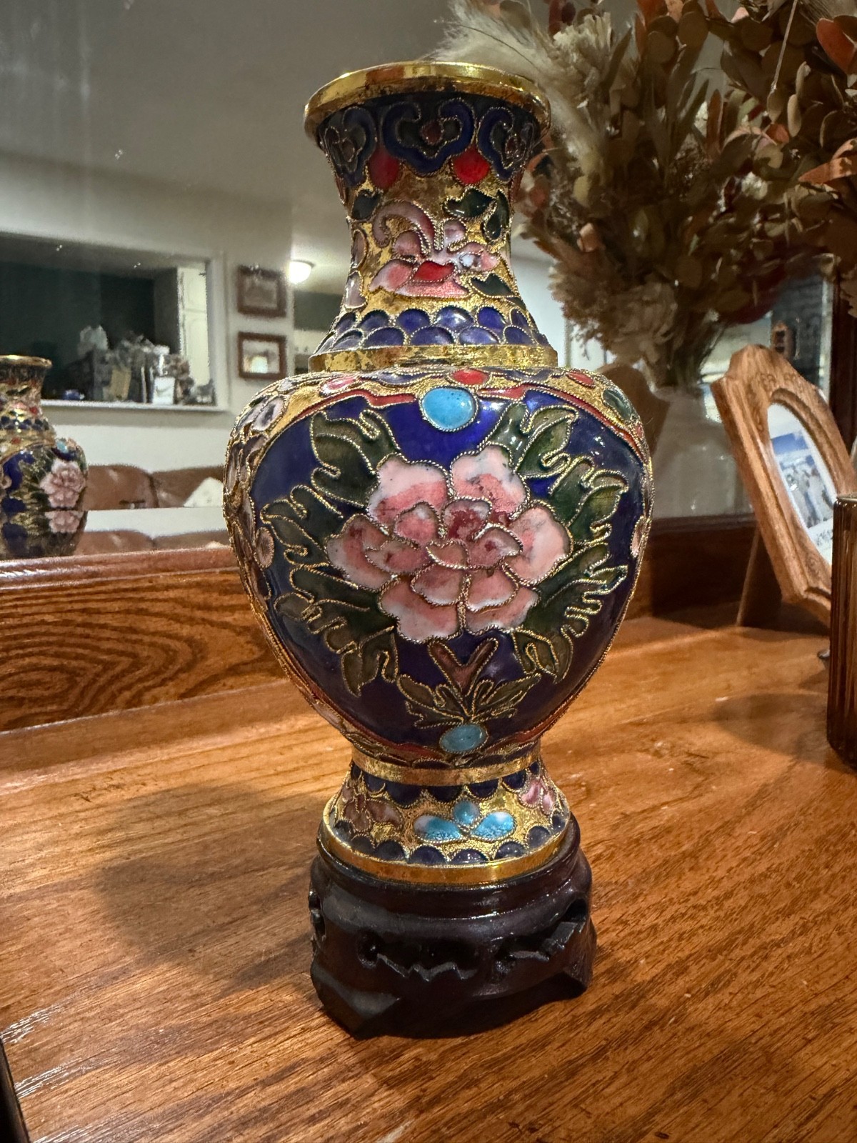 Vintage Chinese Cloisonne Enamel Vase - 6” Tall - Blue Brass Floral Peony Vase
