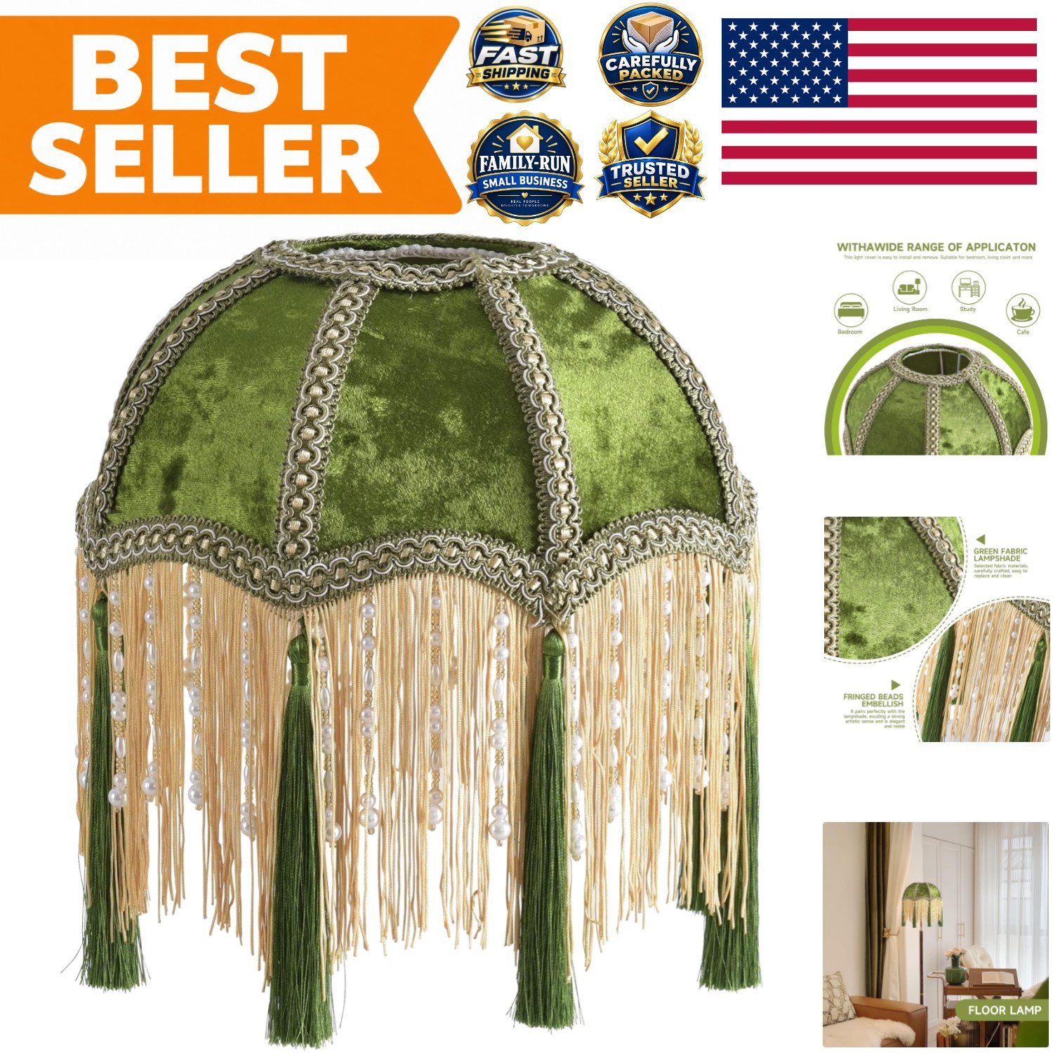 Elegant Olive Green Bell-Shaped Victorian Lampshade with Tassels - 9.8 Elegant Olive Green Bell-Shaped Victorian Lampshade with Tassels - 9.8