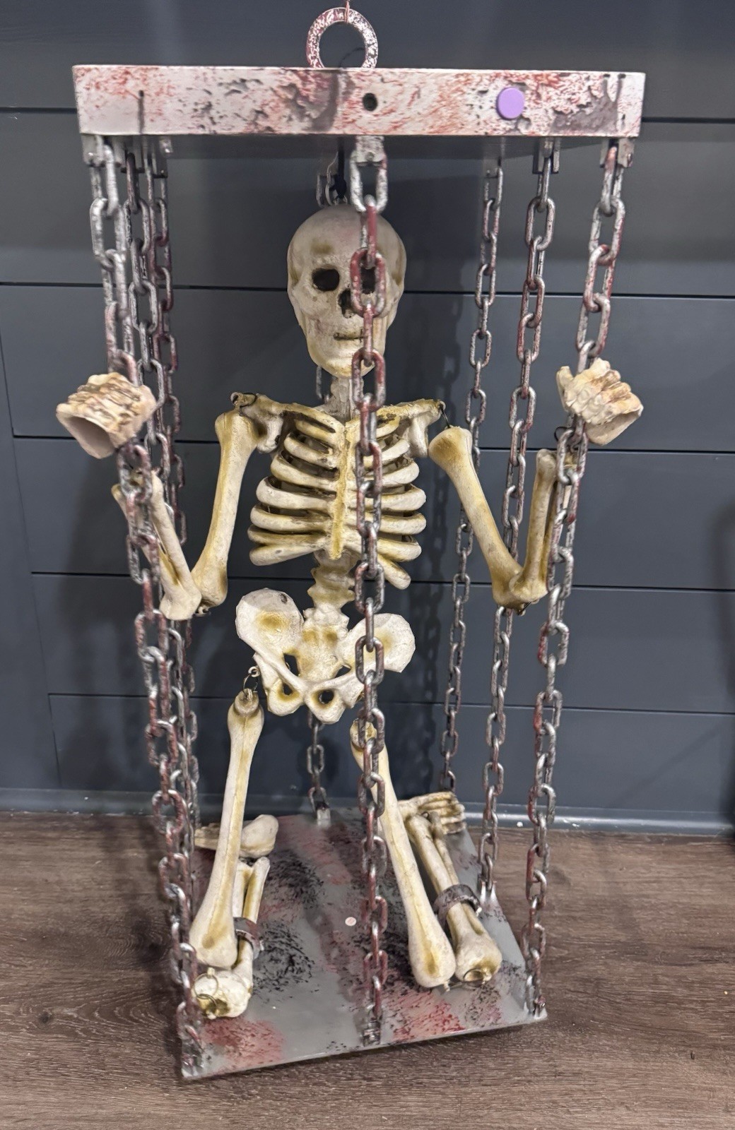Rare Vtg Gemmy Large Screaming Light Up Skeleton In A Cage Hanging WORKS