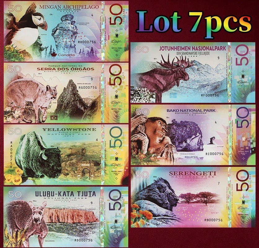 Lot 7pcs World Famous National Parks 50 Fantasy Polymer Banknote Puffin Cougar