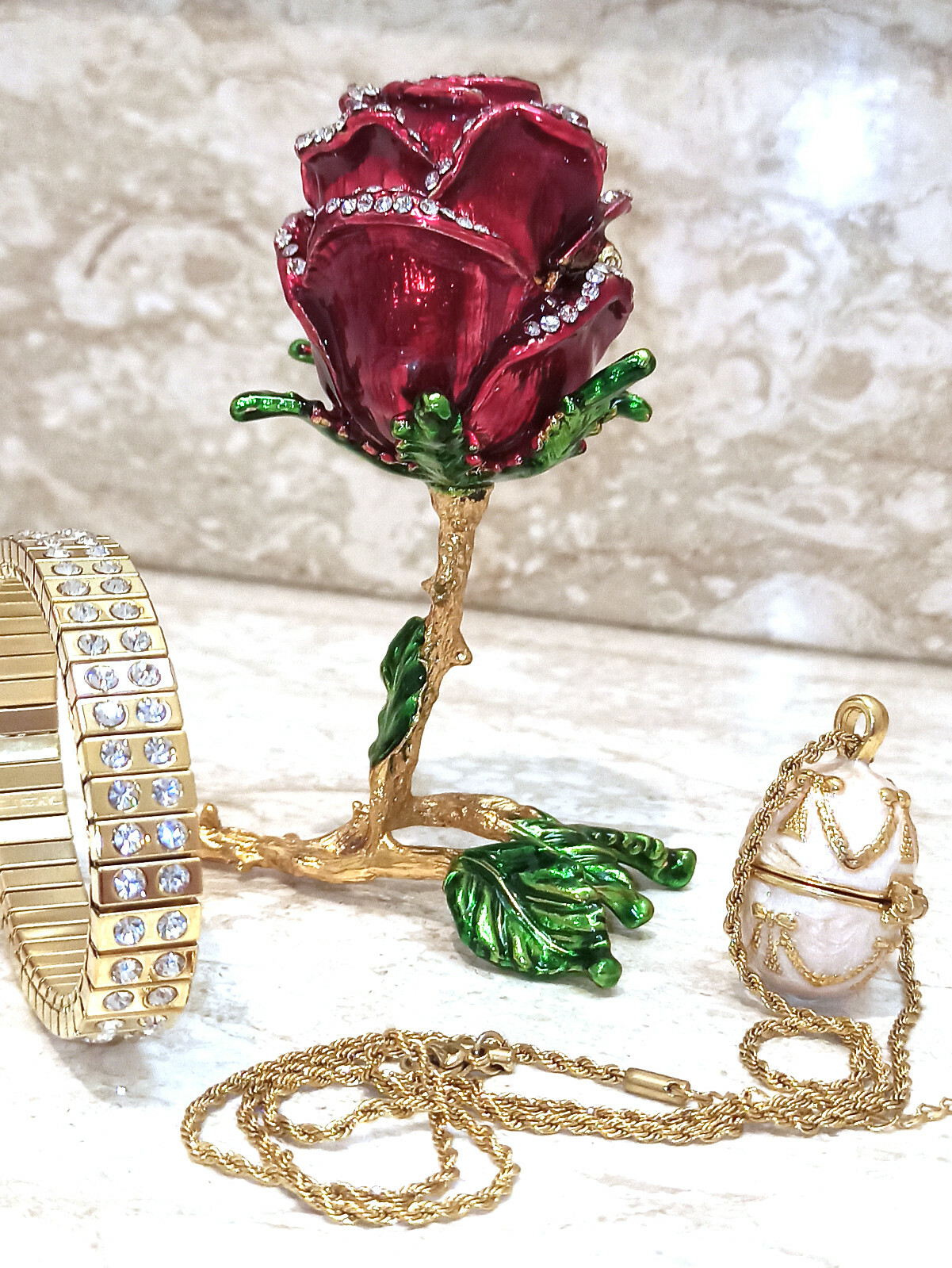 St Patrick\'s day gift for her Faberge egg ROSE box Faberge Necklace 24k Gold HMD