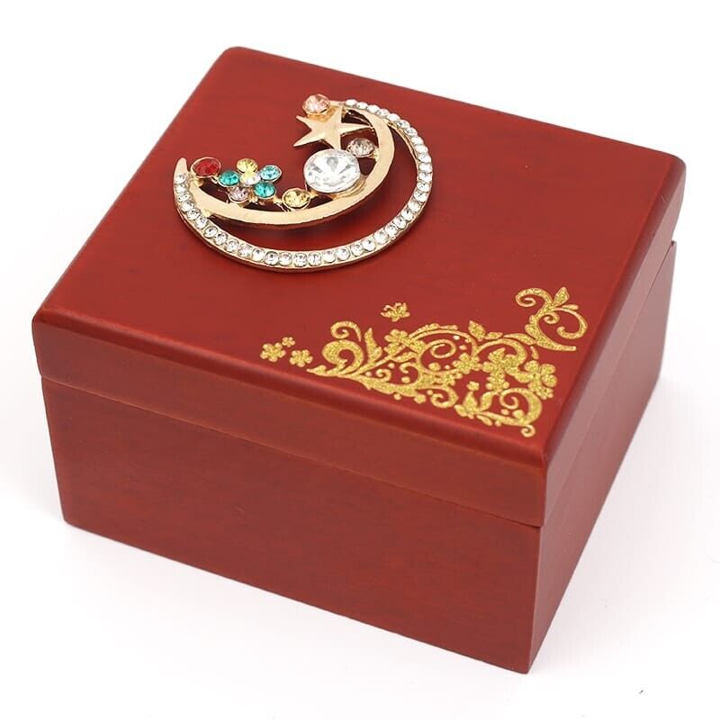 MOON, STAR AND FLOWER RED WOOD WIND UP  MUSIC BOX