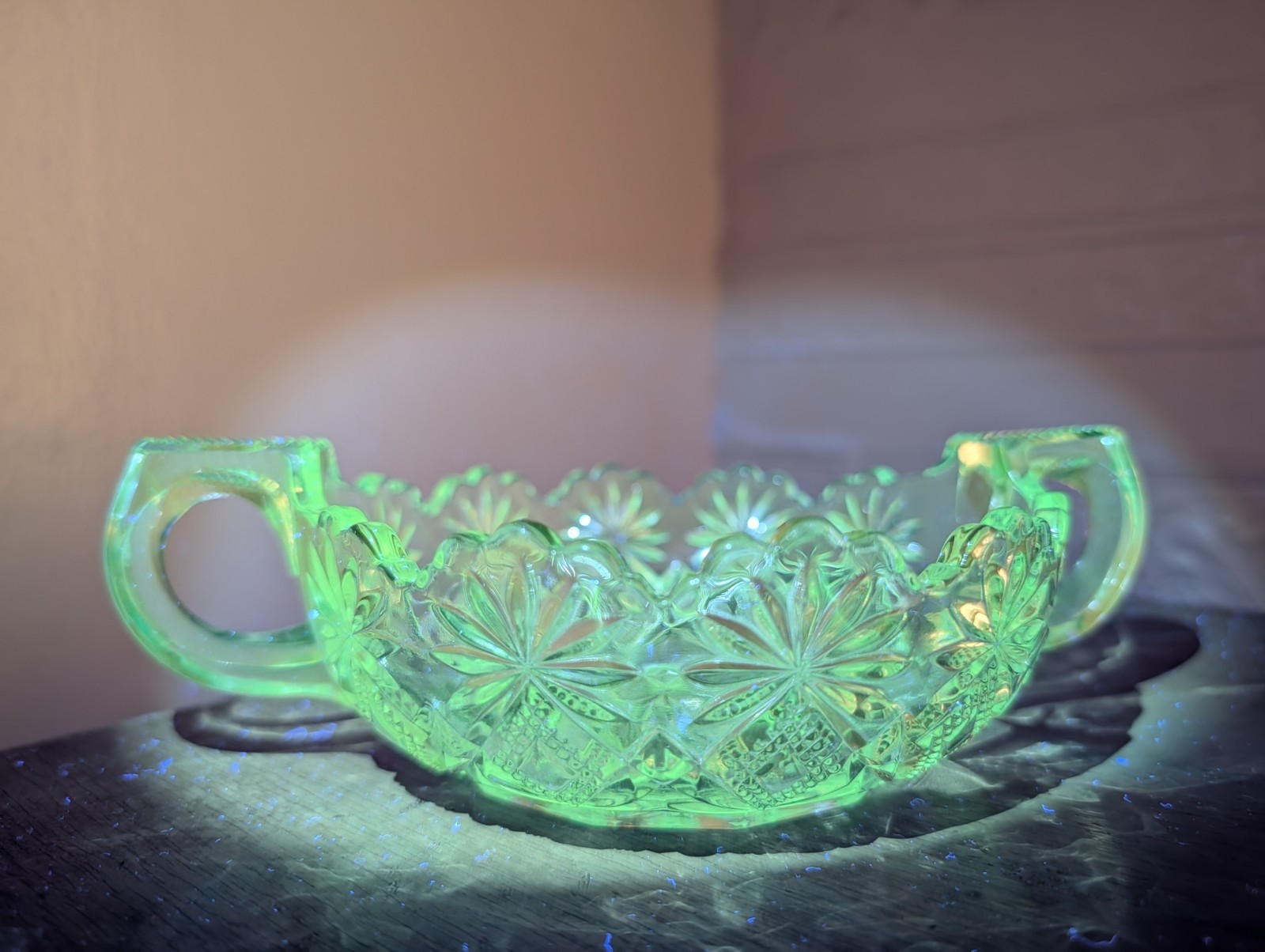Vaseline Uranium Glass EAPG Hobstar Diamond Handled Bowl Scalloped Antique 6 In