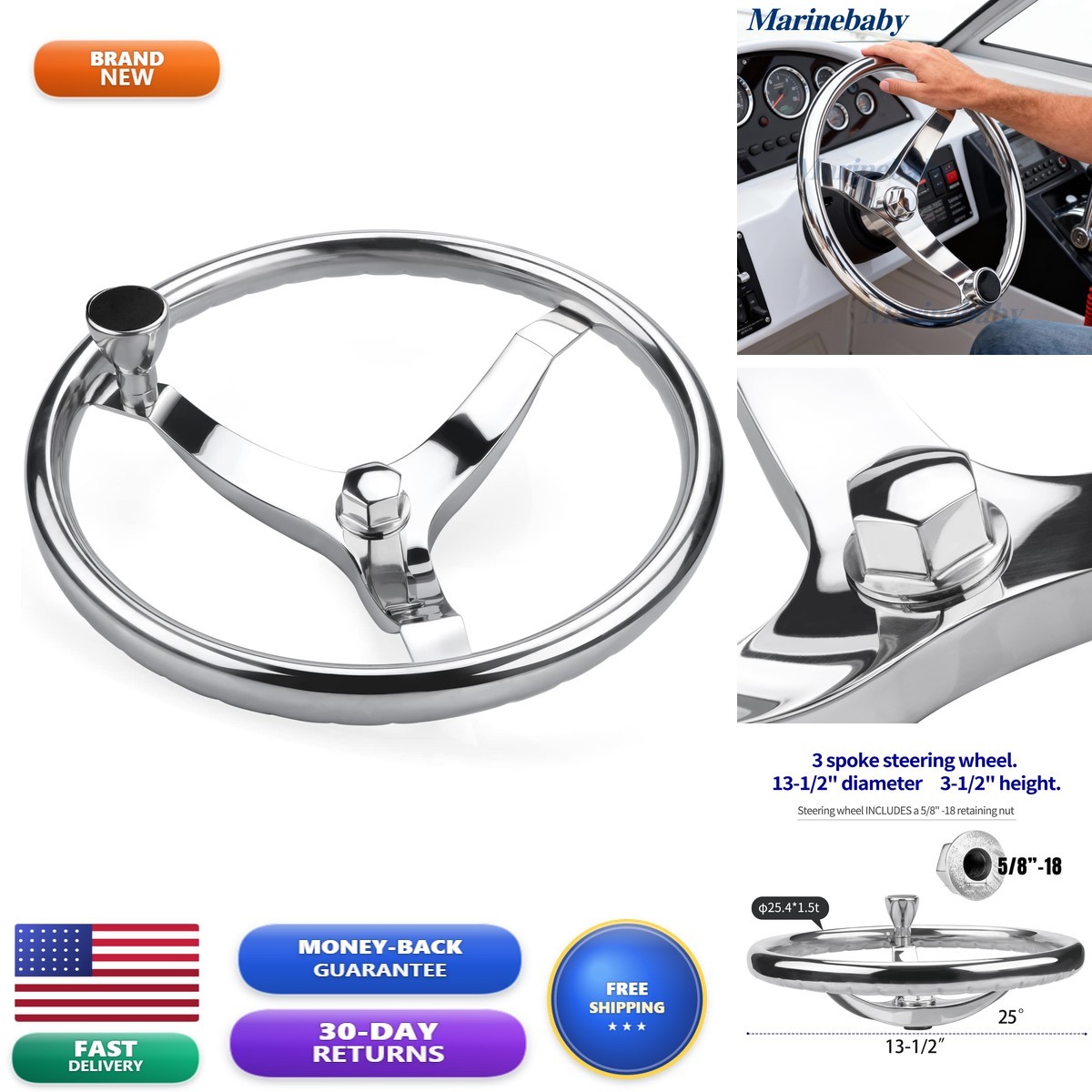 Stainless Steel Boat Steering Wheel 3 Spoke 13-1/2\