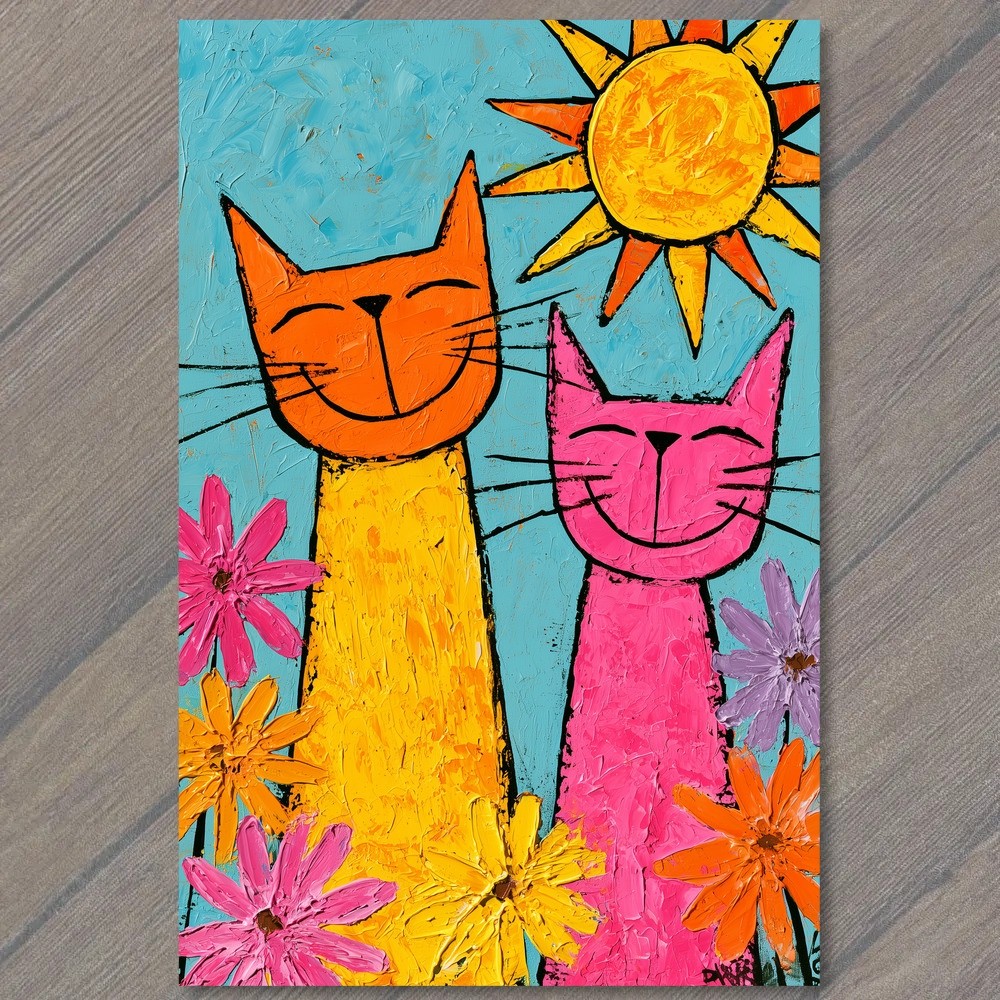 POSTCARD Colorful Cats Yellow Pink Flowers Sun Bright Blue Sky Whimsical