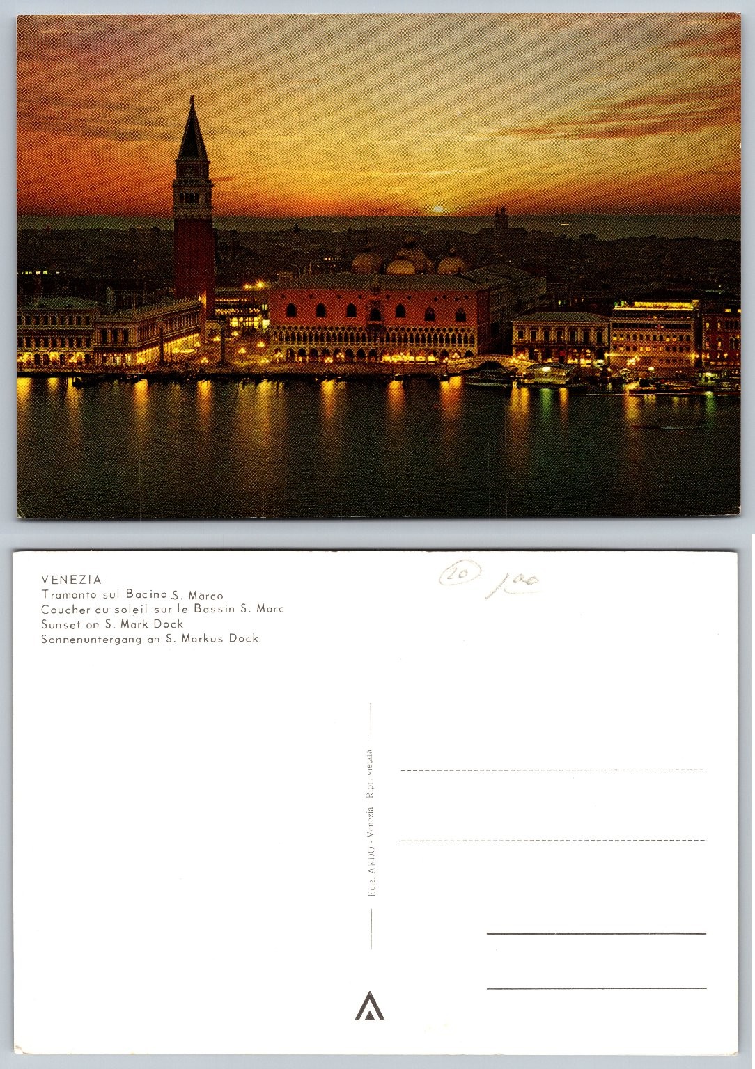 Venezia Venice Italy Sunset on S. Mark Dock Postcard ARDO