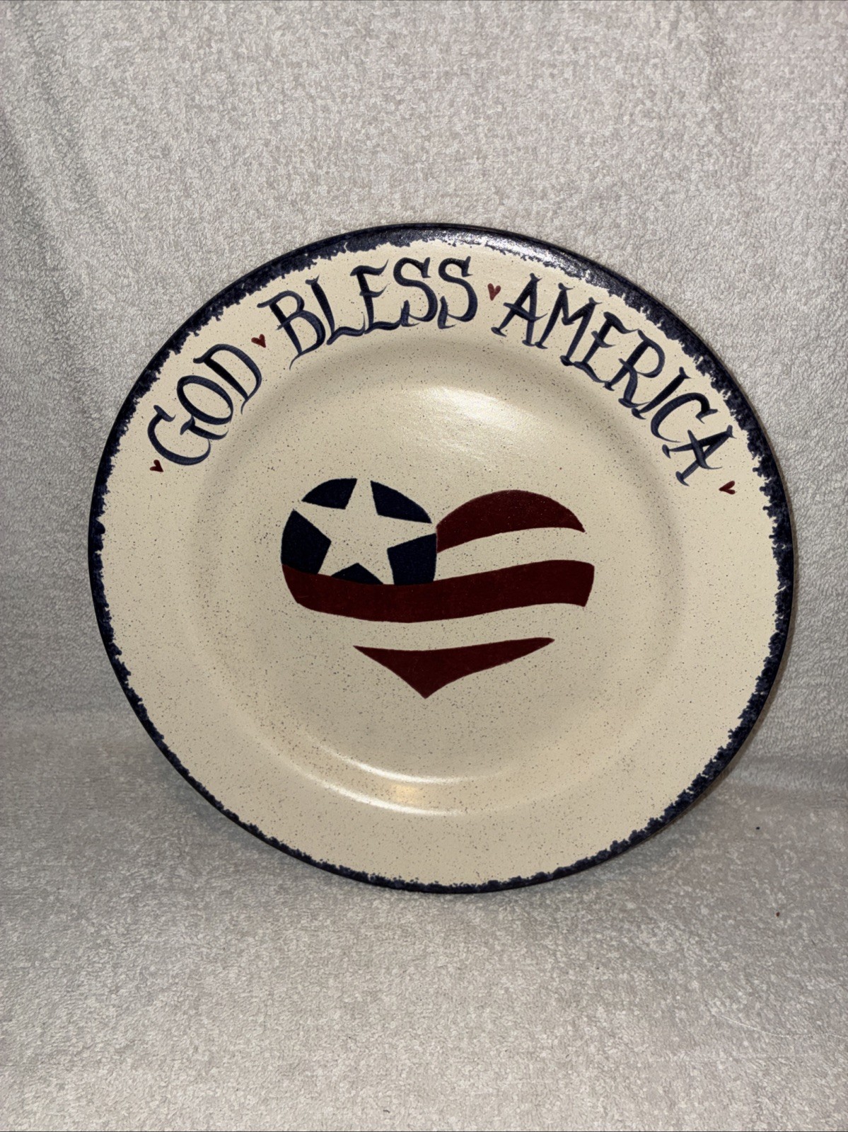Vintage Hand Painted Americana 10 In Plate Red Blue Heart Artist Signed Country
