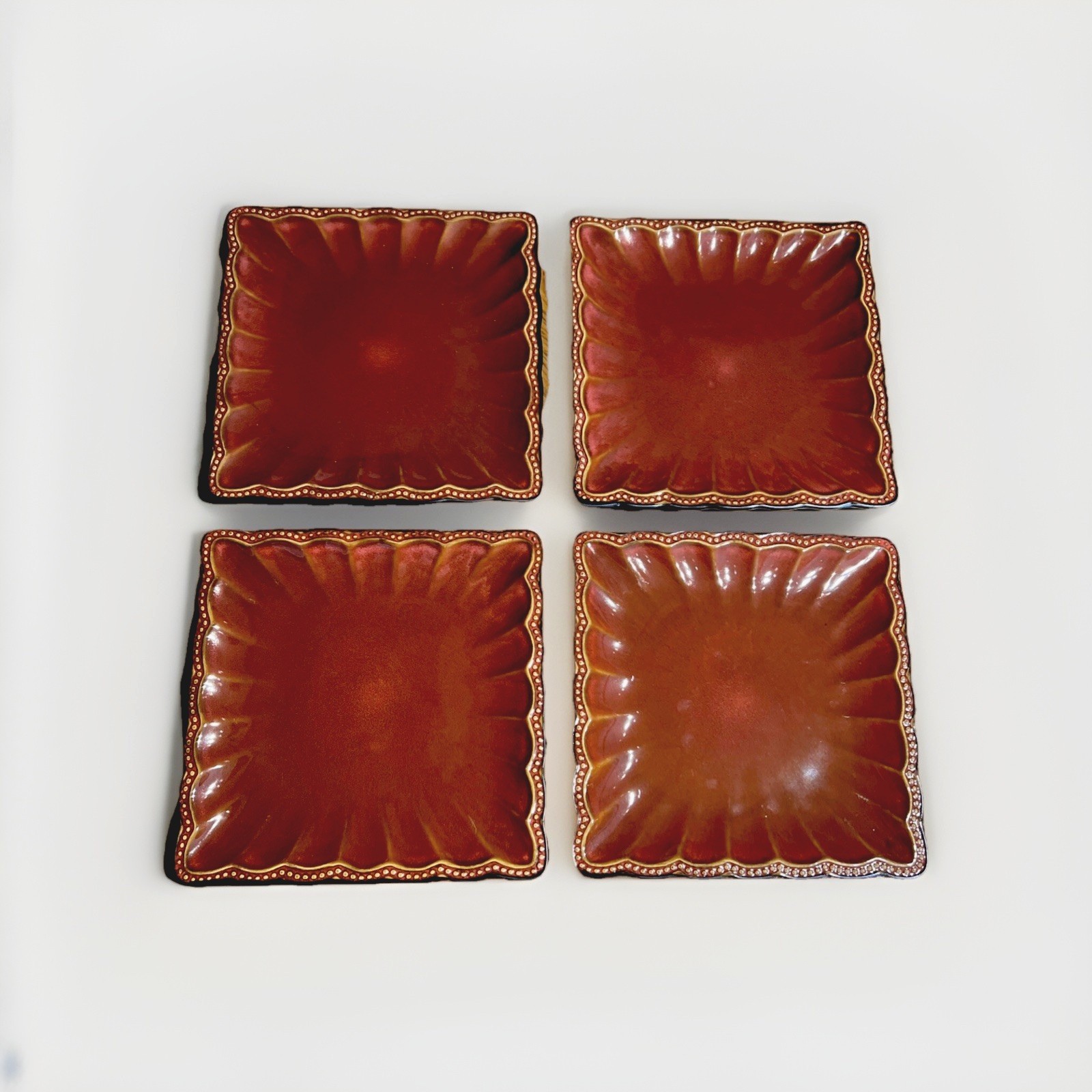 4 Roscher Stoneware Dinner  Hobnail Collection Brown Square Scalloped 10.75”