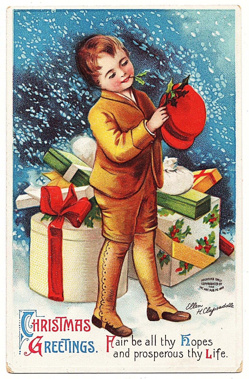 Ellen Clapsaddle Child Gifts Hat antique Christmas postcard