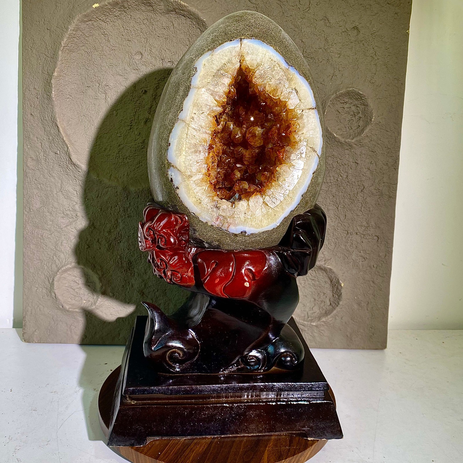 Open Dragon Egg Design+Bracket - Yellow Crystal Quartz Mineral - 35.5LB