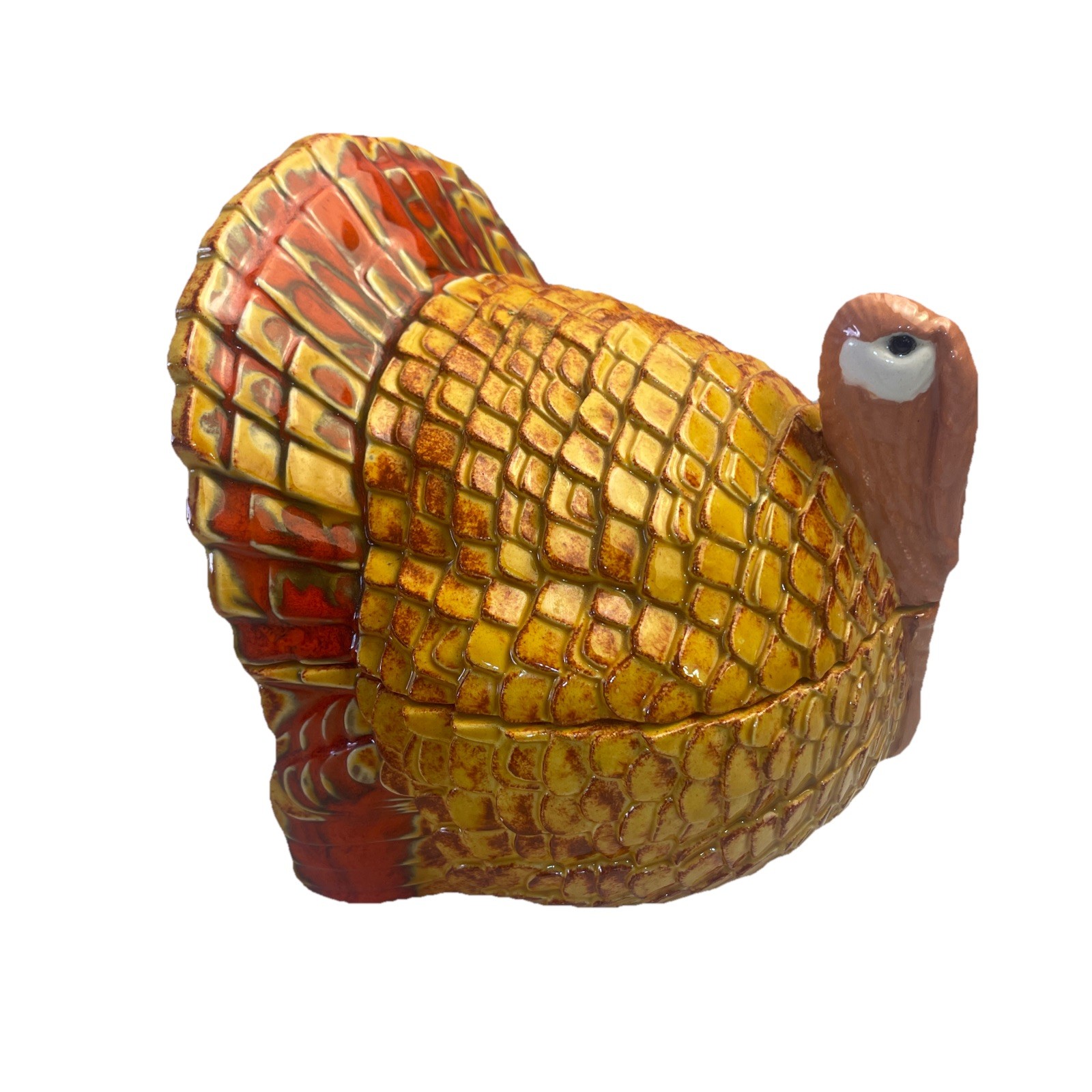 VTG 70s Ceramic Turkey Thanksgiving Candy Dish Cookie Jar Drip Glaze Signed MCM