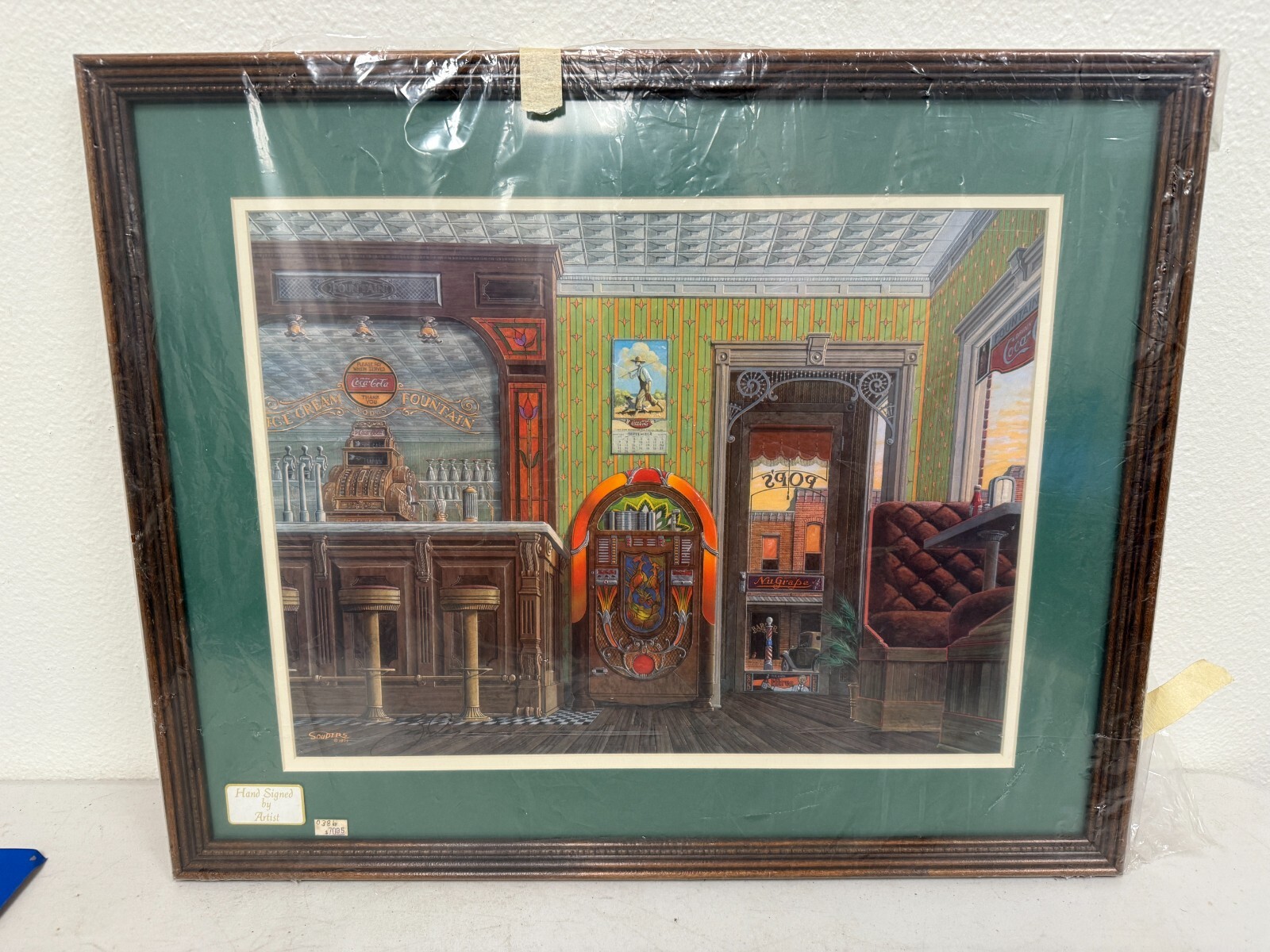 Scroggins 1989 Hand Signed Framed Vintage Soda Fountain Jukebox Print Scroggins 1989 Hand Signed Framed Vintage Soda Fountain Jukebox Print
