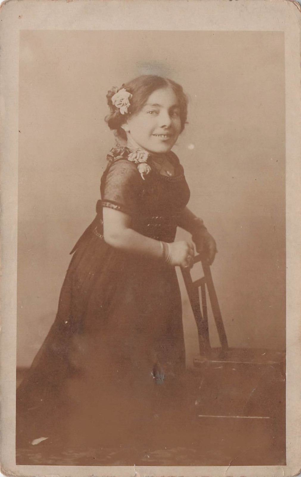 Antique Photo Little Woman Flowers in Hair Circus Artist Cute Postcard H56