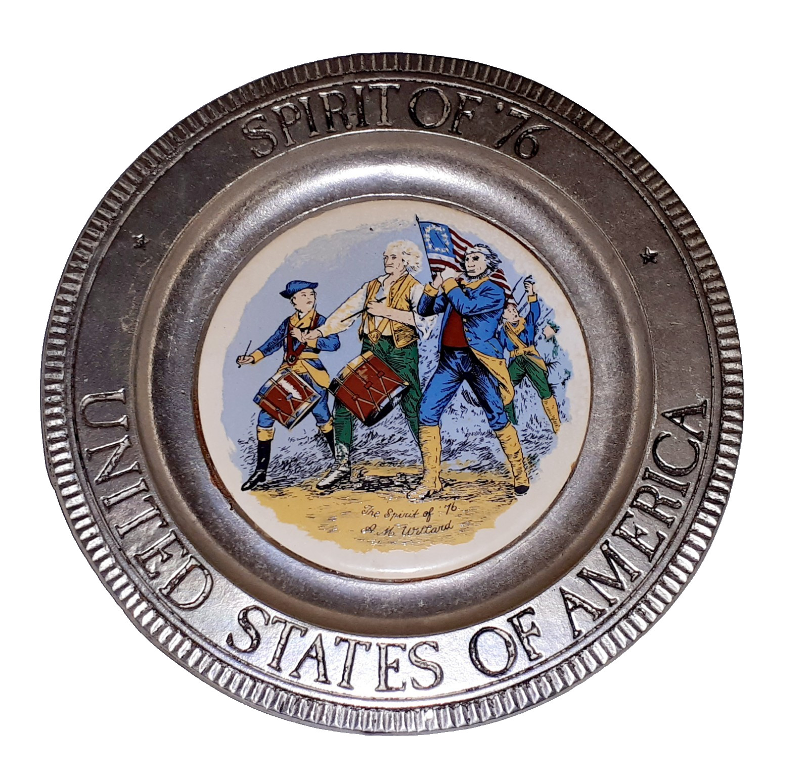 The Spirit of '76 USA Bicentennial Pewter & Ceramic Plate Patriot Vintage 10.5