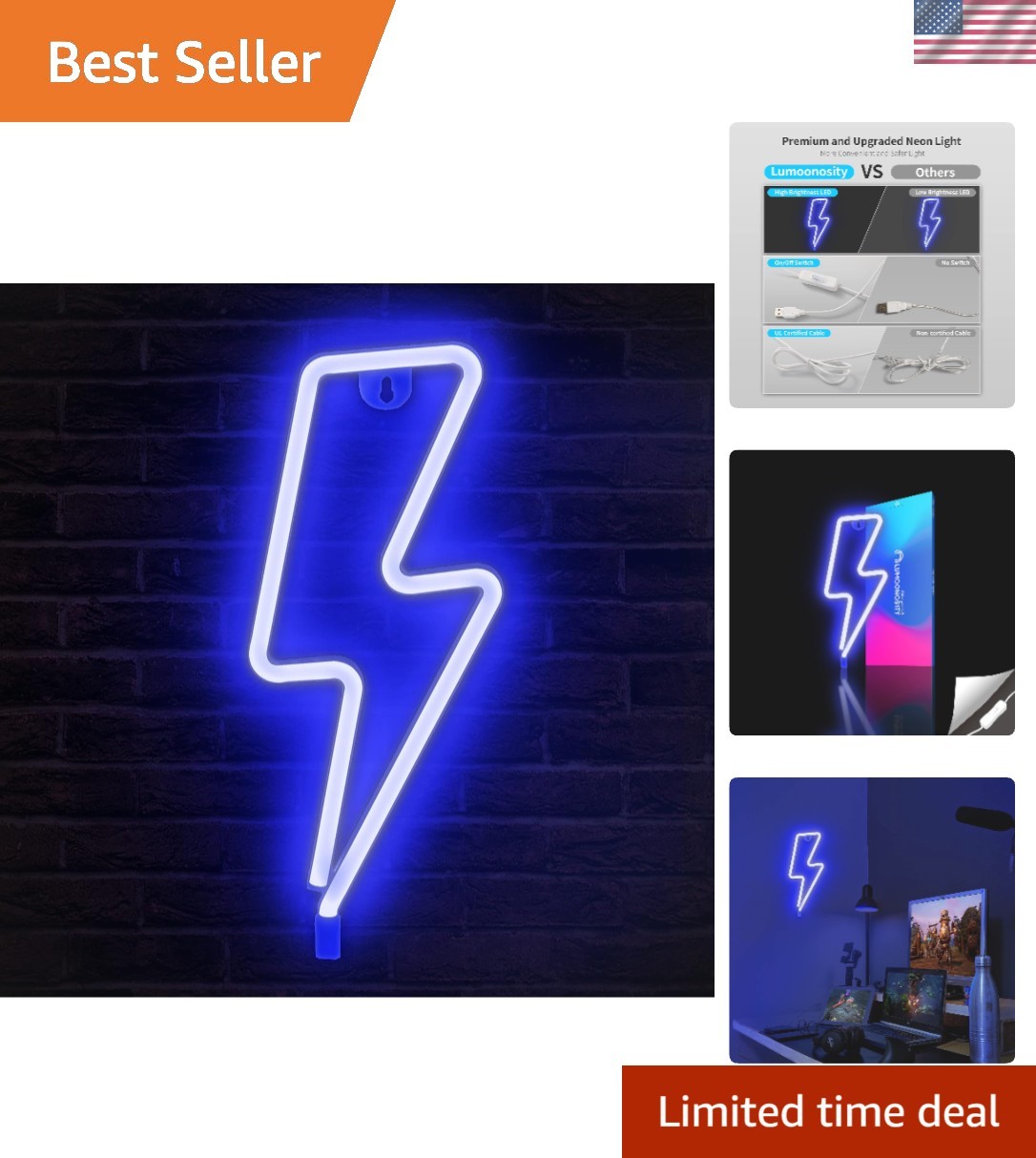 Vivid Lightning Bolt Neon Wall Sign with On/Off Switch - Easy Installation