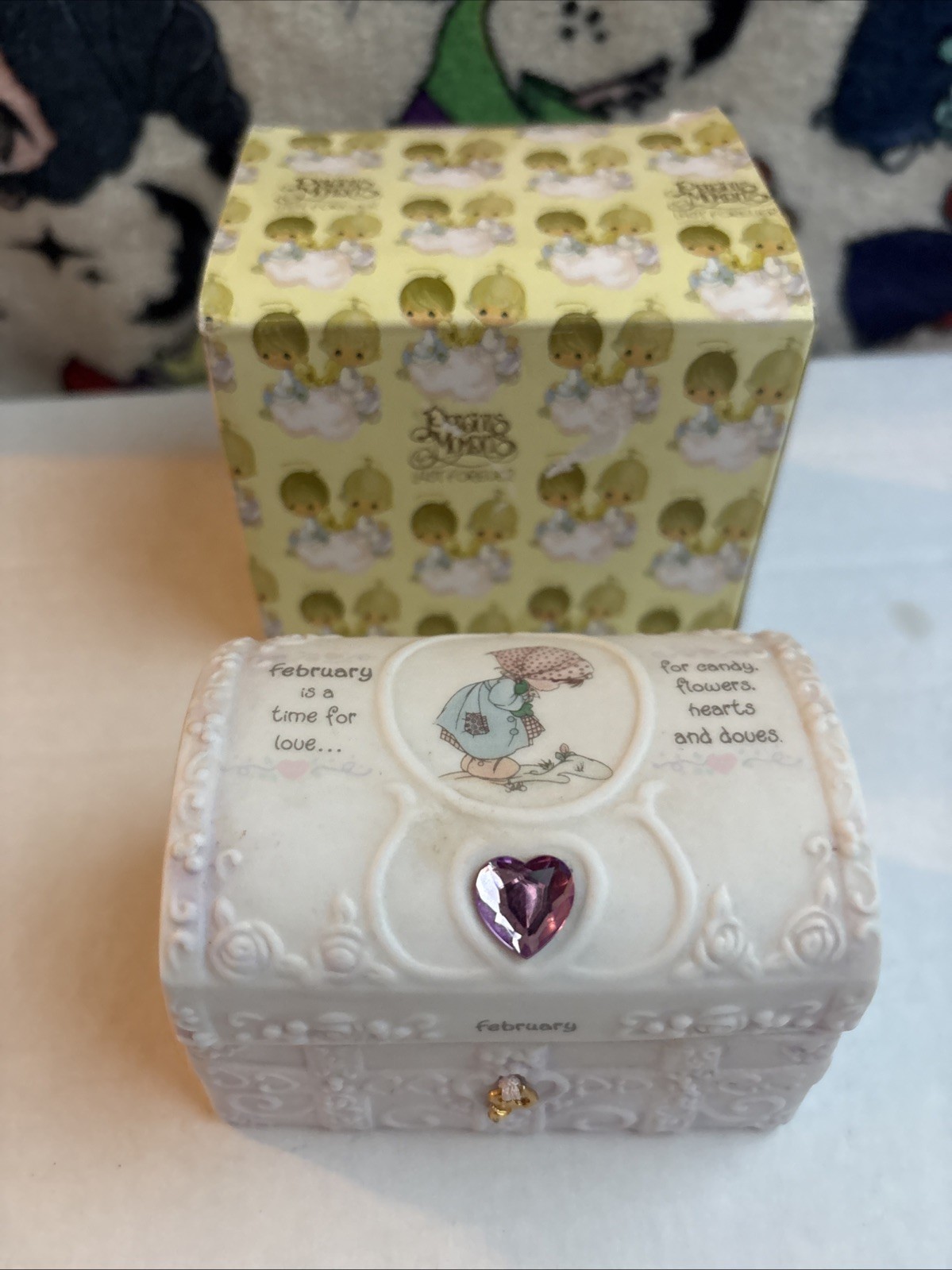 Vintage 1995 Precious Moments February Hope Chest Trinket Box Amethyst Heart Vintage 1995 Precious Moments February Hope Chest Trinket Box Amethyst Heart