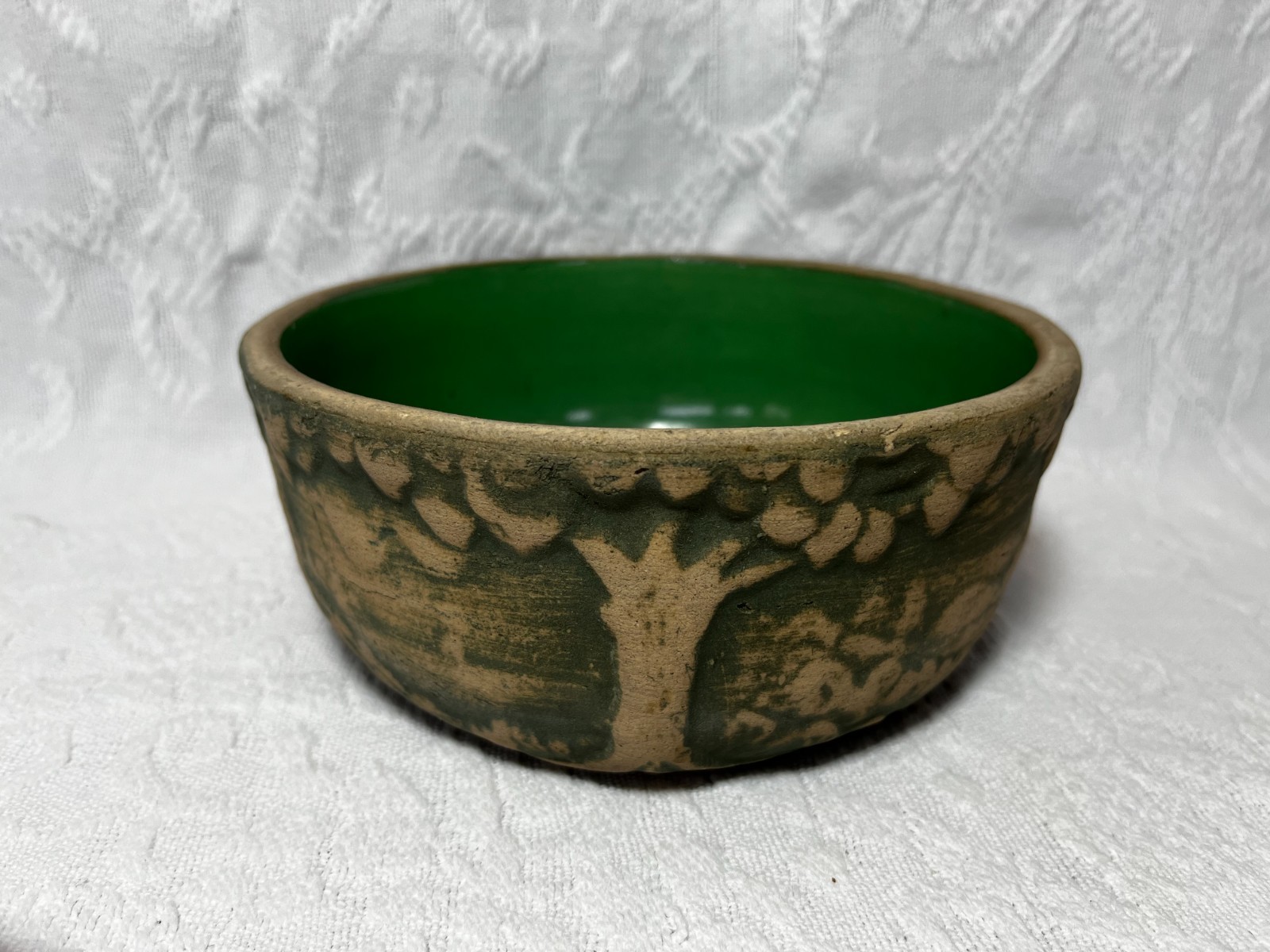 VINTAGE RRP CO.  GREEN BRUSHWARE SCENIC TREES STONEWARE BULB BOWL PLANTER