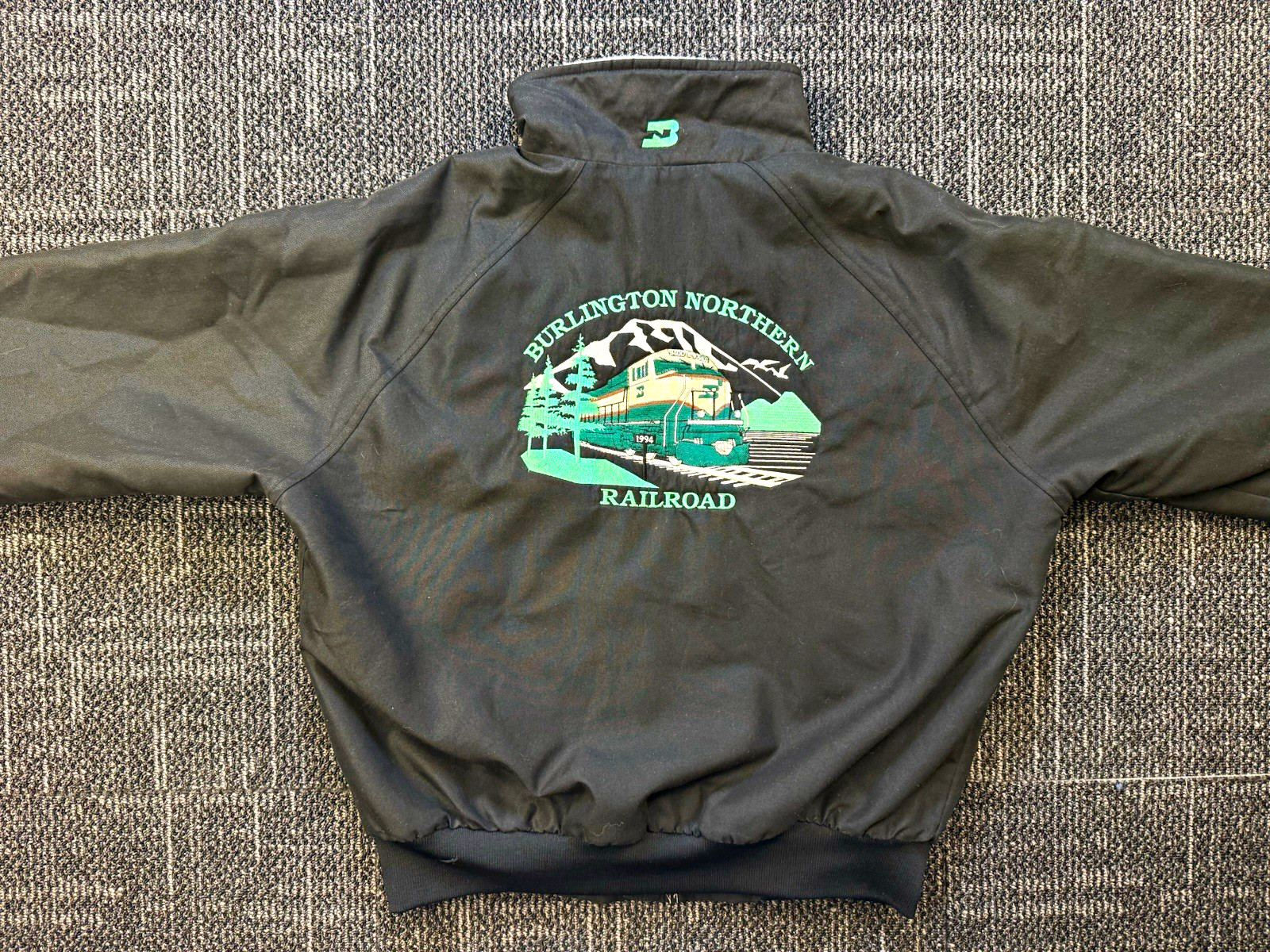 VTG 90s Sportsmaster Polarfleece Burlington Northern Railroad L Bomber Jacket