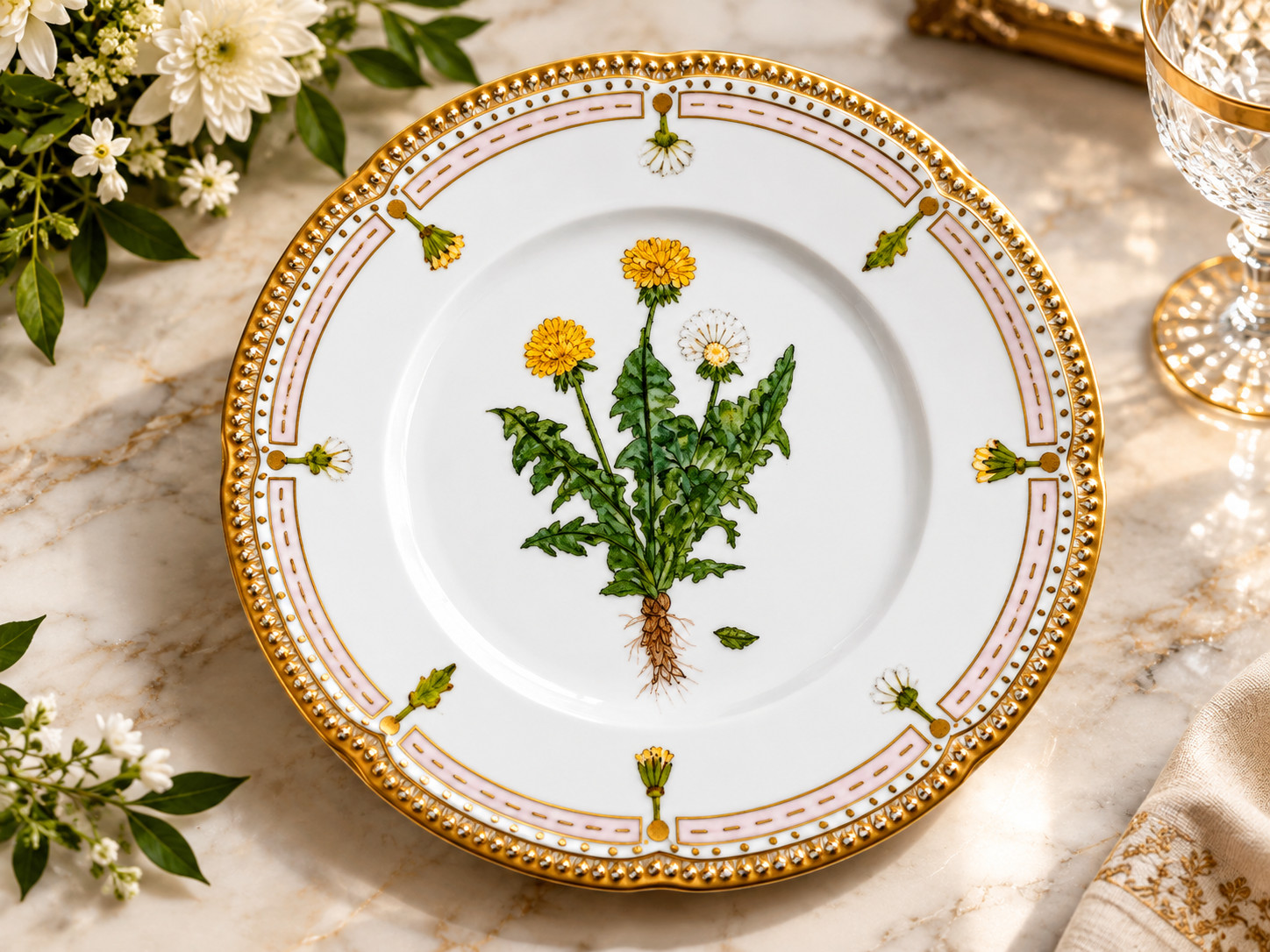 Hand Painted Botanical Porcelain Plate Flora Danica Style Dandelion Vintage
