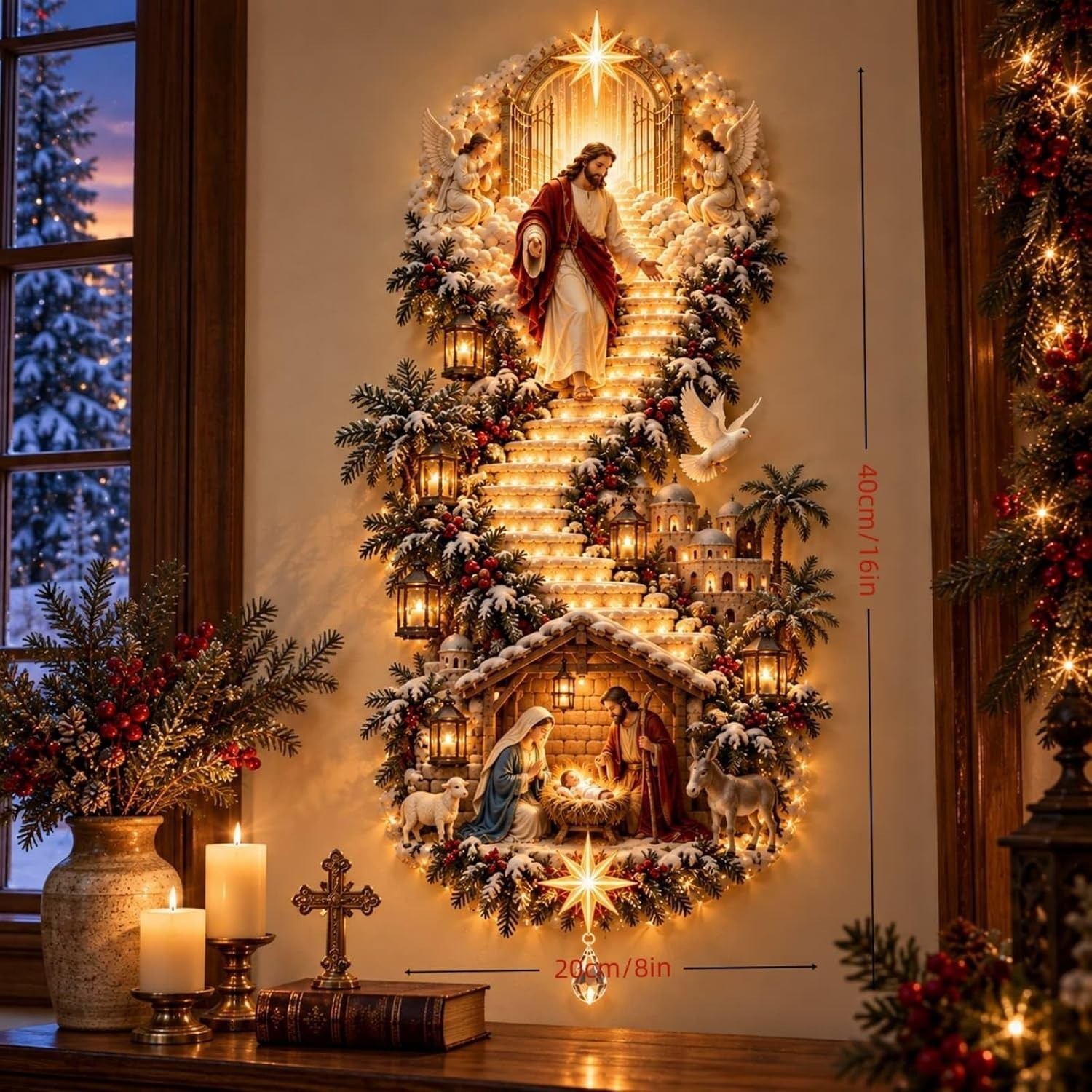 Jesus Light of Heaven Christmas Wall Hanging, Lighted Religious Nativity Wall De
