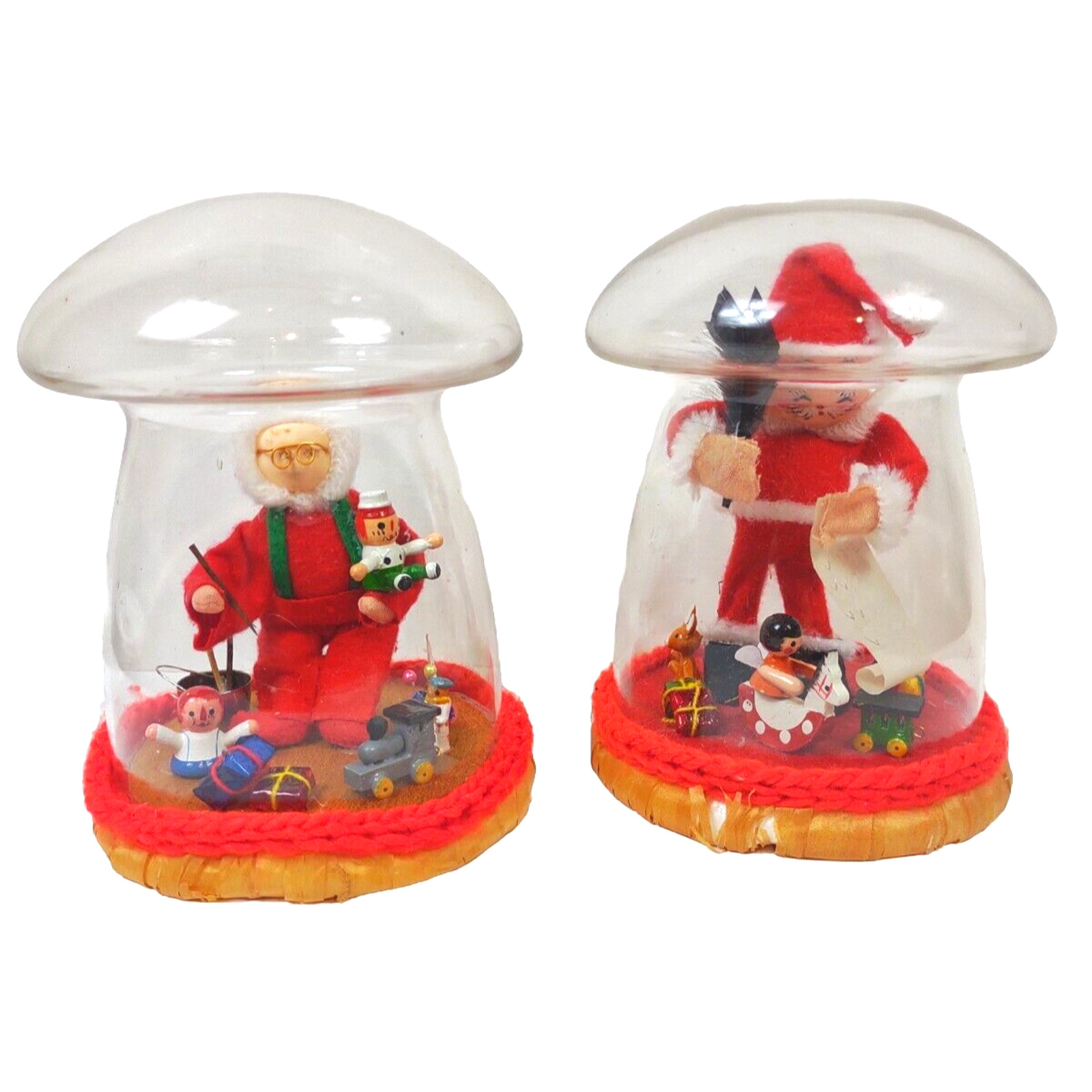 VTG Caffco Christmas Santa Elf Diorama Under Mushroom Glass Terrarium Set Of 2