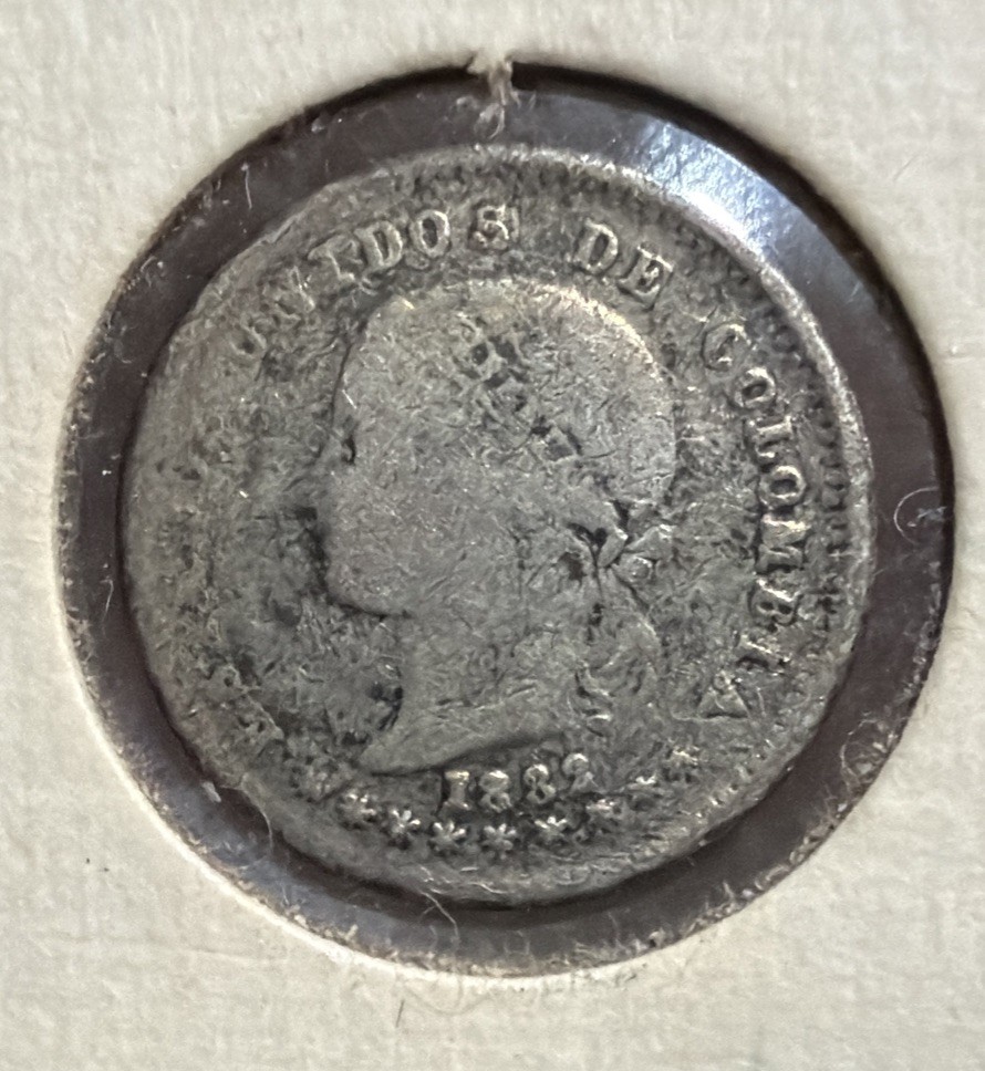 1883 Colombia 10 Centavos Silver Coin-18.7MM-Bogota Mint-KM#75.1-MINTAGE=202,000