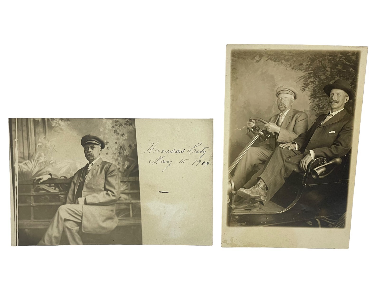 (2) RPPC Man on a Bench & Men Posing In Studio Car Antique Real Photo Postcards
