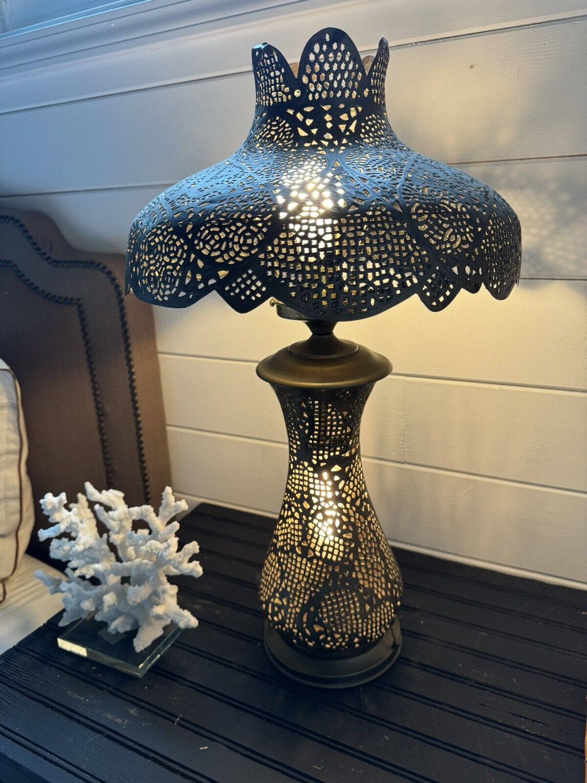 Vintage Moroccan Pierced Brass Table Lamp With Night Light
