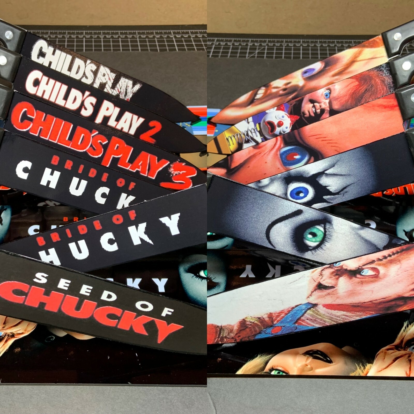 Childs Play Chucky 6 Knife Set With Sublimated Stands Childs Play Chucky 6 Knife Set With Sublimated Stands