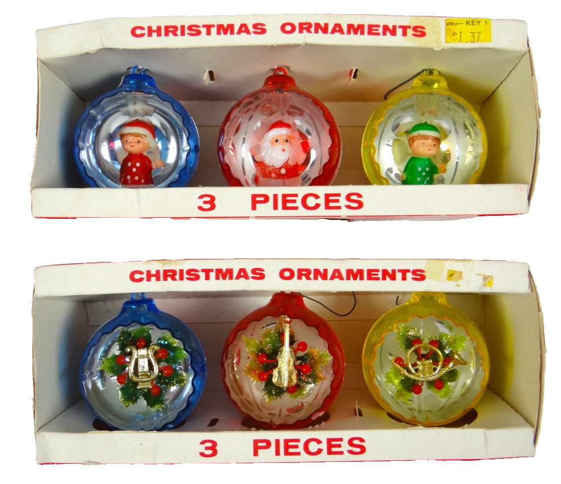 6 Vtg Floral Diorama Christmas Ornaments Hand Made Jewel Brite Music Santa Elves