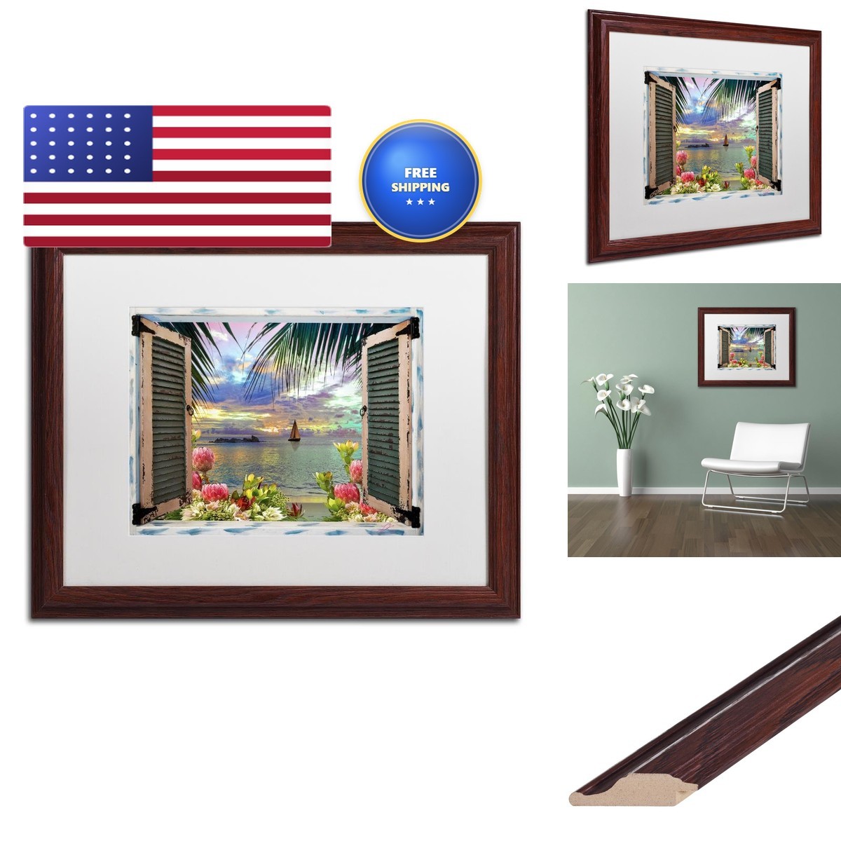 Trademark Fine Art Window to Paradise III White Matted Wood Frame 16x20