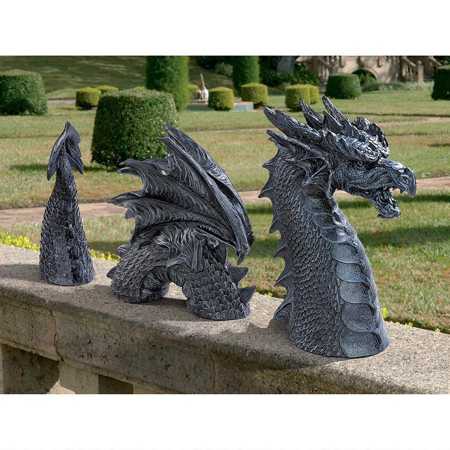 3 Piece Intricate Gothic Scaled Winged Dragon of the Moat Lawn Garden Sculpture