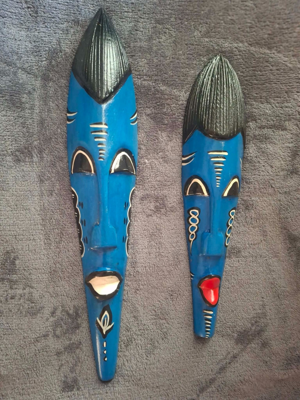 Traditional African Hand Carved/Painted Wooden Wall Hanging Mask Set of 2 - Blue