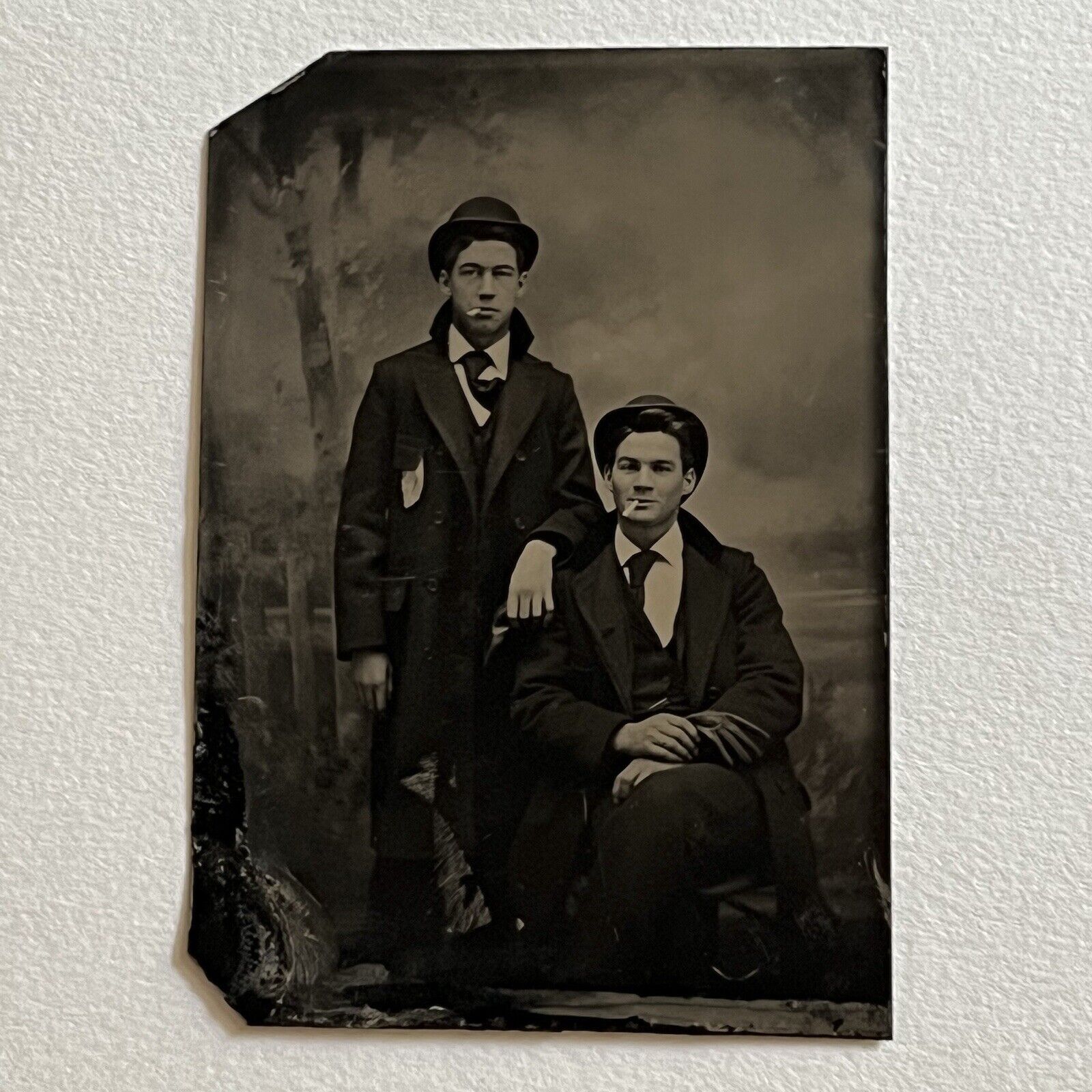 Antique Tintype Photograph Handsome Young Men Smoking Cigar Hat Affectionate