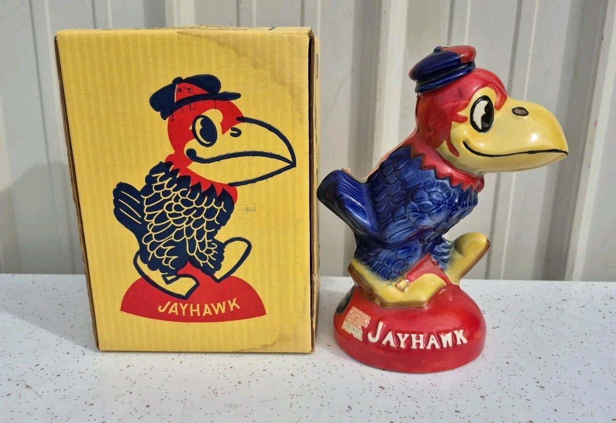 Vintage 1971 KU Kansas Jayhawks Decanter Colonial China Ceramic W/ Box Vintage 1971 KU Kansas Jayhawks Decanter Colonial China Ceramic W/ Box