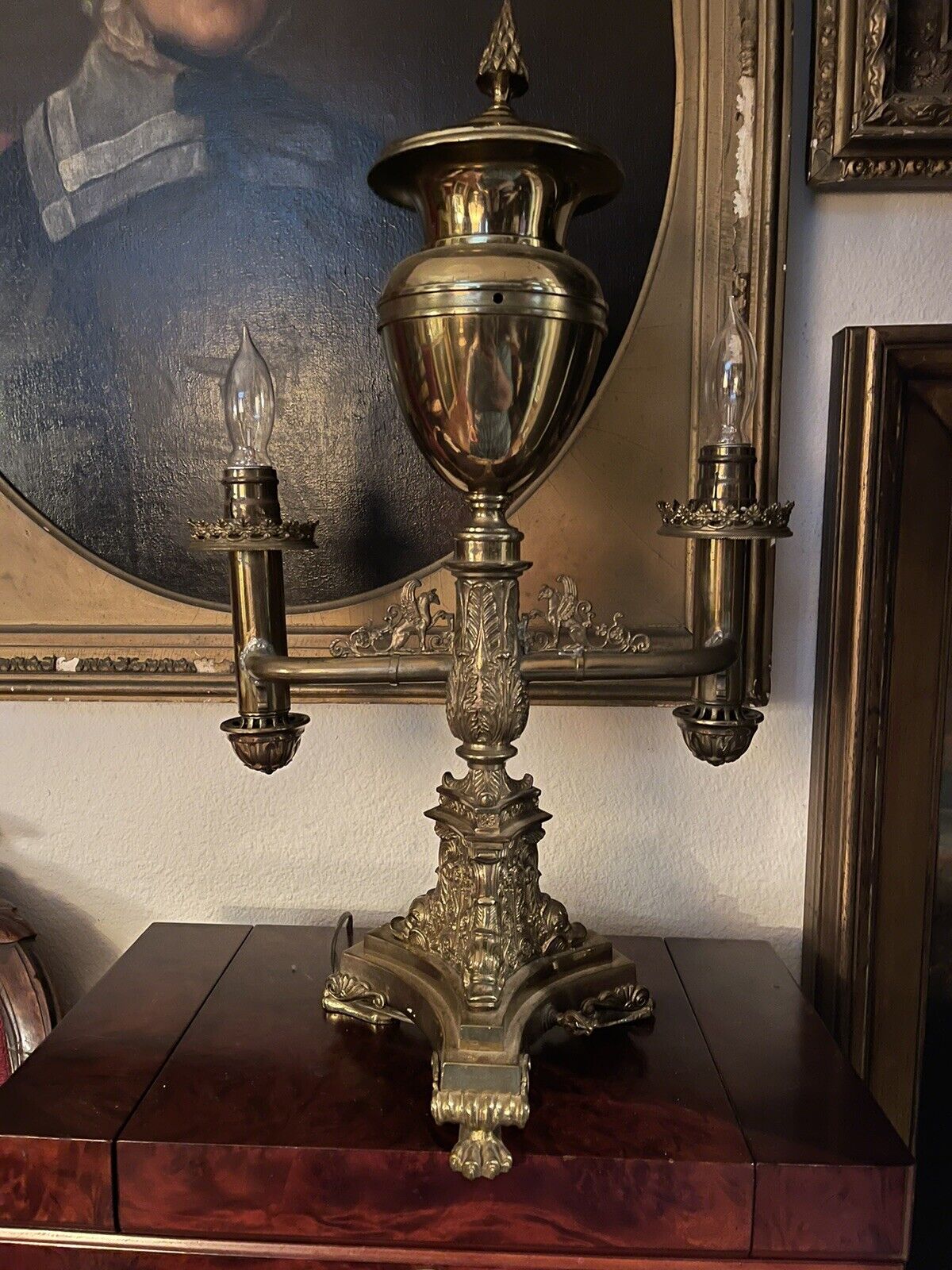 19thC Bronze Argand Double Arm Table Lamp - J & I Cox New York - 1818-1853