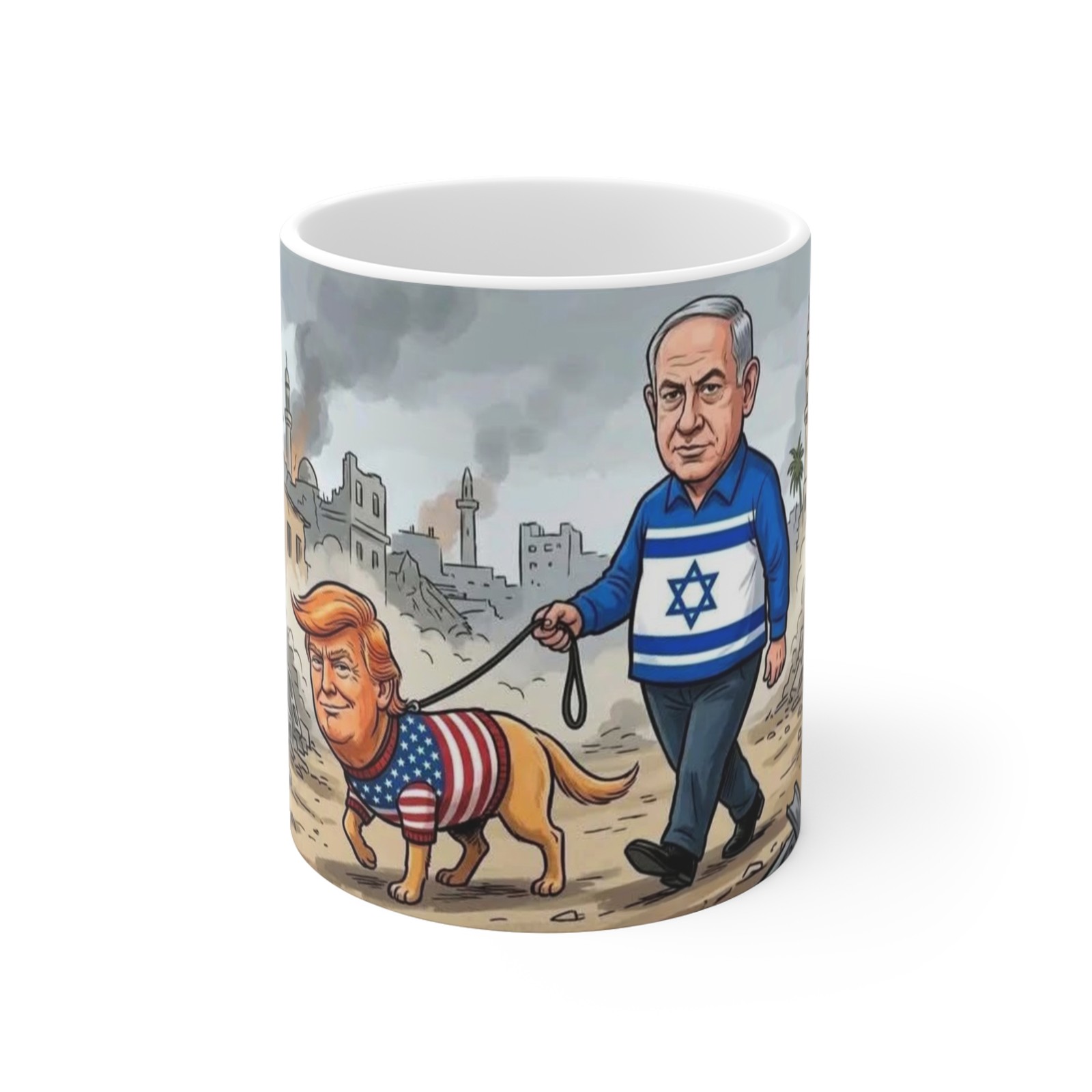 Anti Donald Trump as a Dog Being Walked by Netanyahu Mug Cup Coffee Tea Custom 