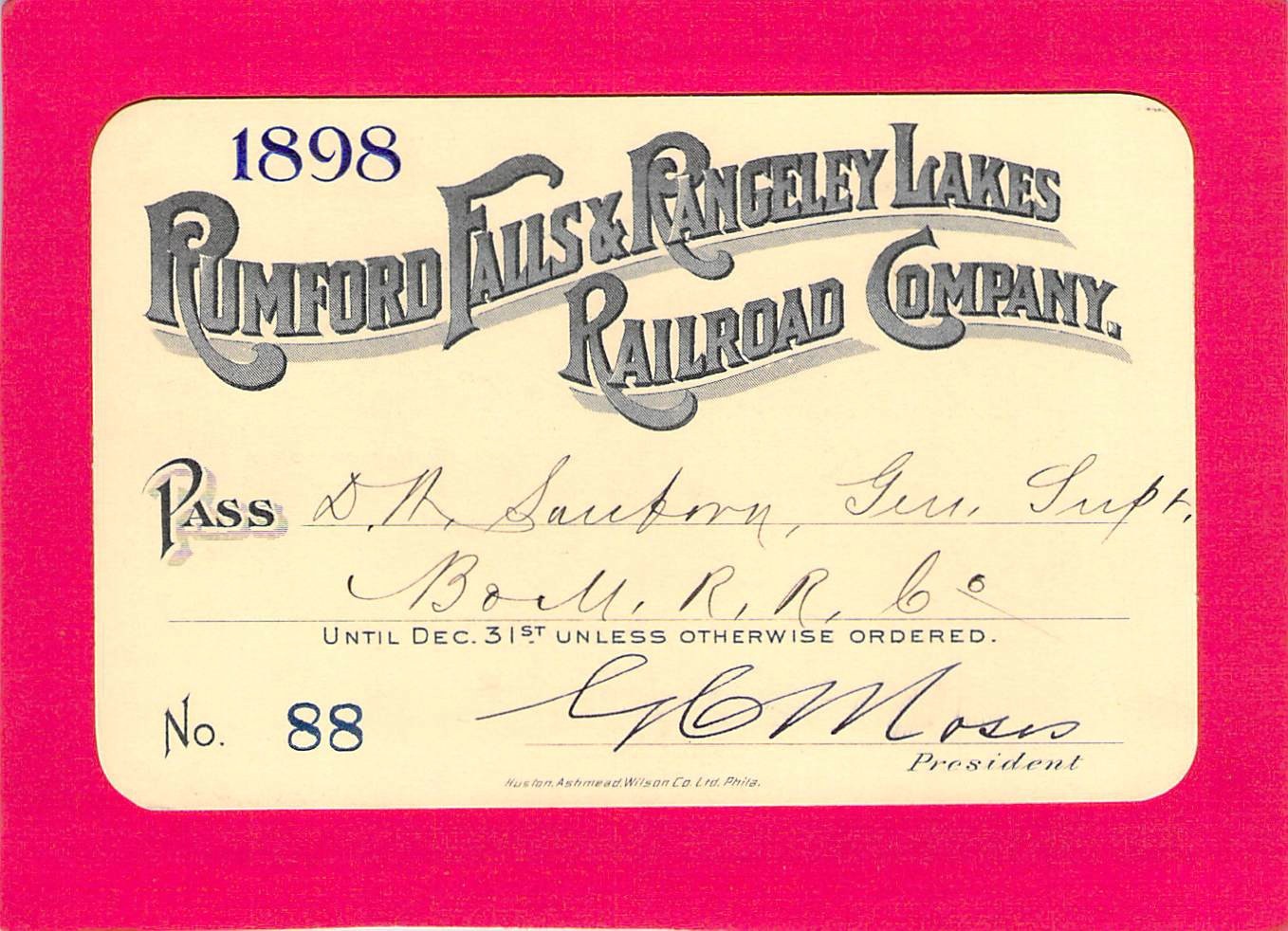 RUMFORD FALLS RANGELEY LAKES _ LOW # 88 _  RAILWAY RAILROAD PASS 1898
