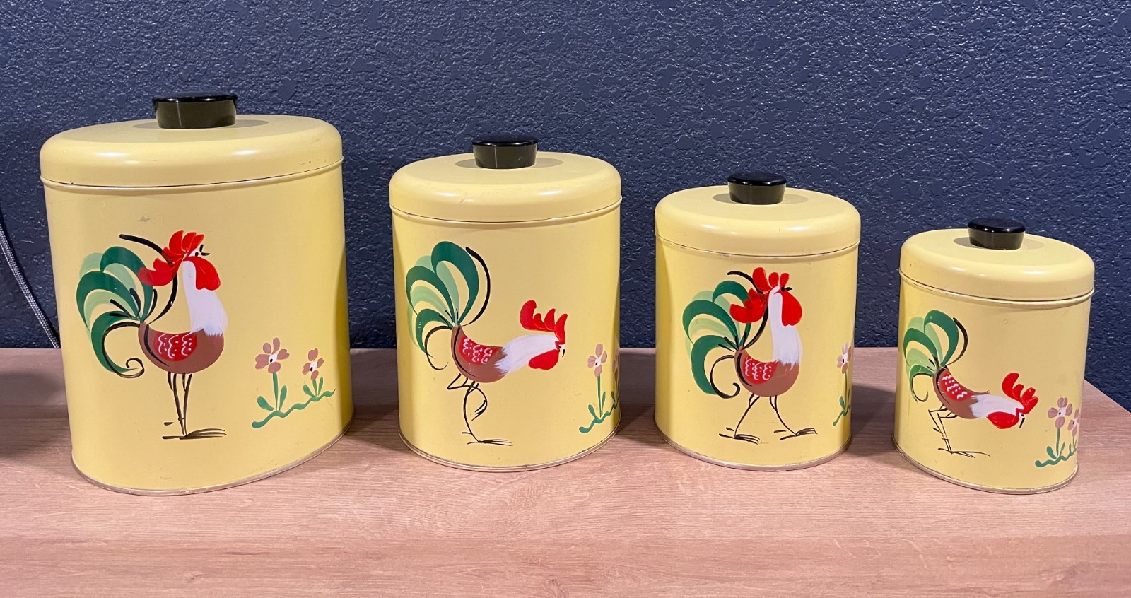 Vintage Ransburg 4 Nesting Canister Set Rooster Chicken Hand Painted USA Kitchen