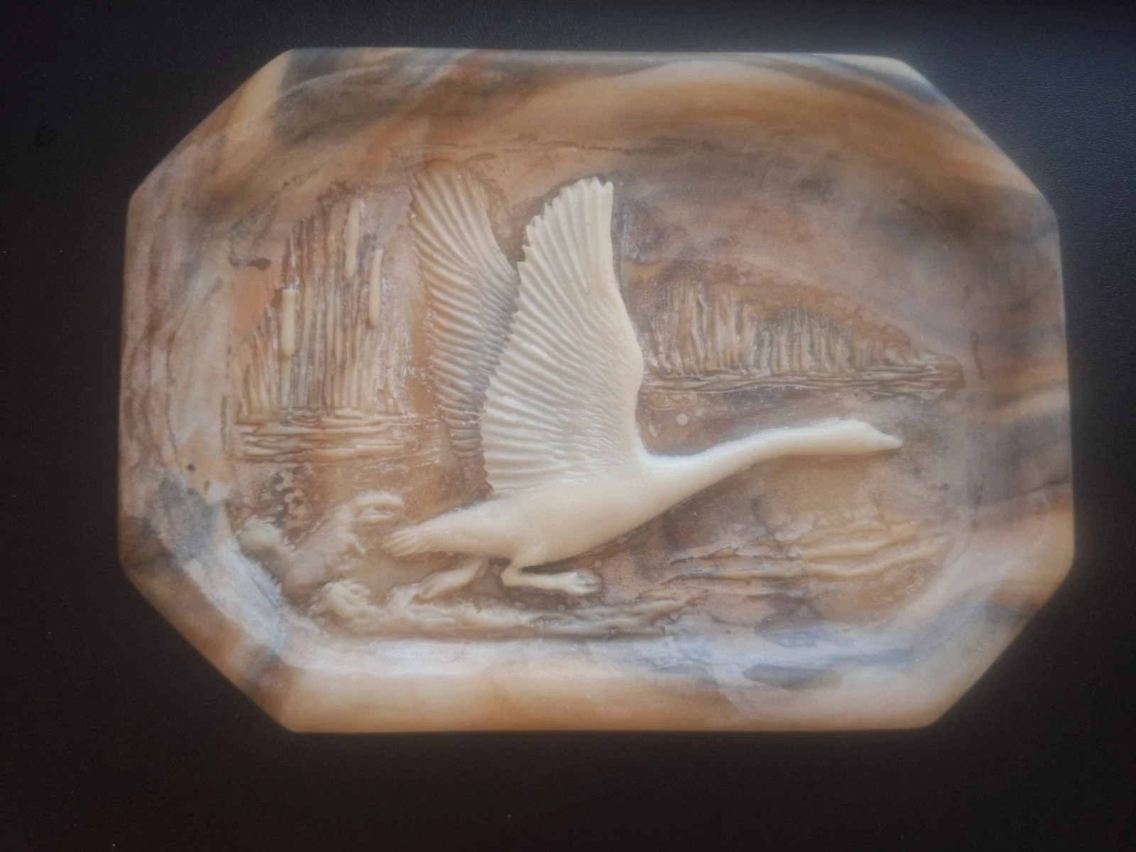 Incolay Stone Tray Valet Carved Flying Duck Wildlife Rustic 5.5\
