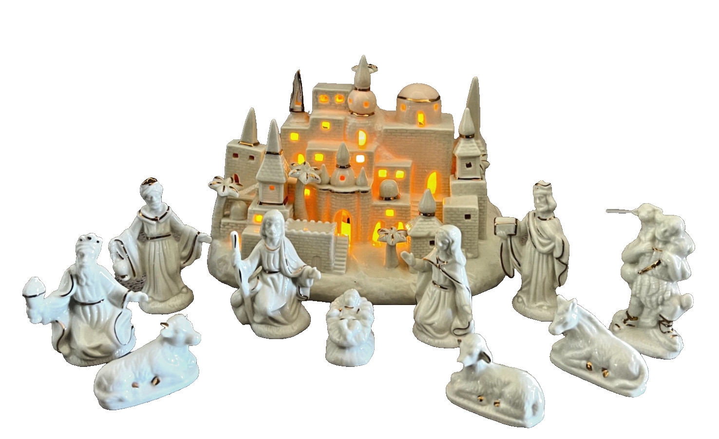 Vtg 11pc Nativity Set Bethlehem Jerusalem Lighted Village International Bazaar
