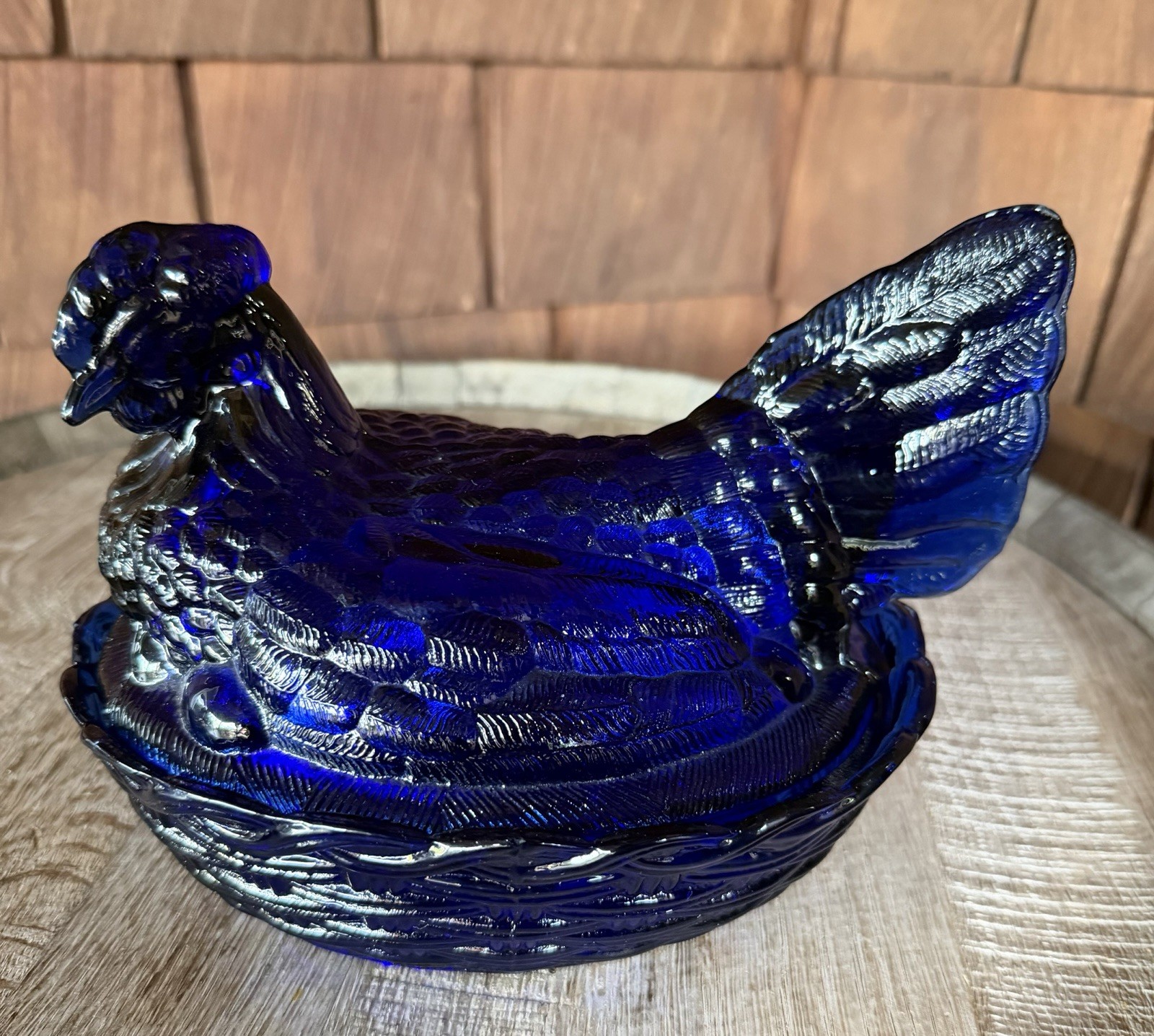 L G. Wright Cobalt Blue Glass Split Tail Hen On Basket Candy Dish 8” Chicken MCM L G. Wright Cobalt Blue Glass Split Tail Hen On Basket Candy Dish 8” Chicken MCM