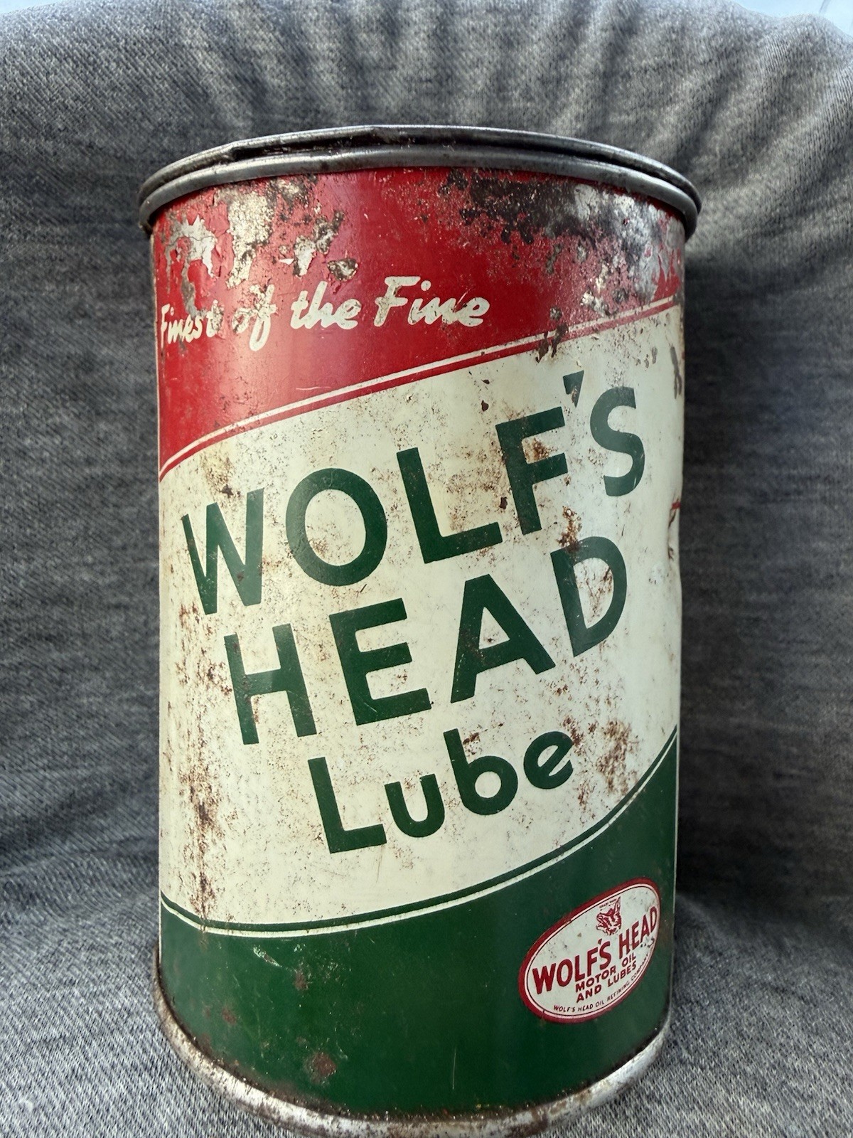 Vintage Wolf\'s Head Lube 1 Pound Grease Can. Rate Man Cave. Thrashed But Cool.