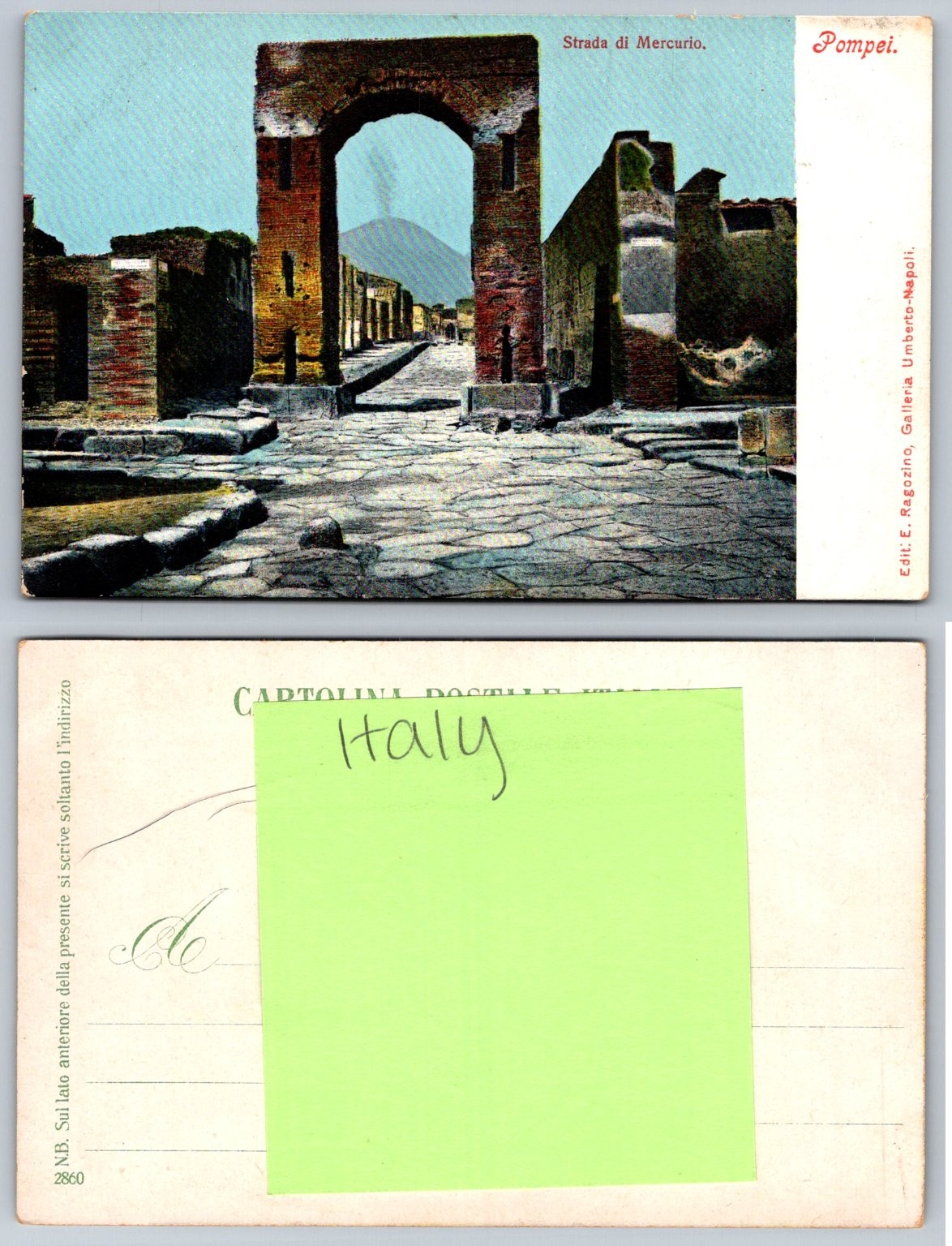 Pompeii Italy Street of Mercury Vesuvius Archway E. Ragozino Postcard