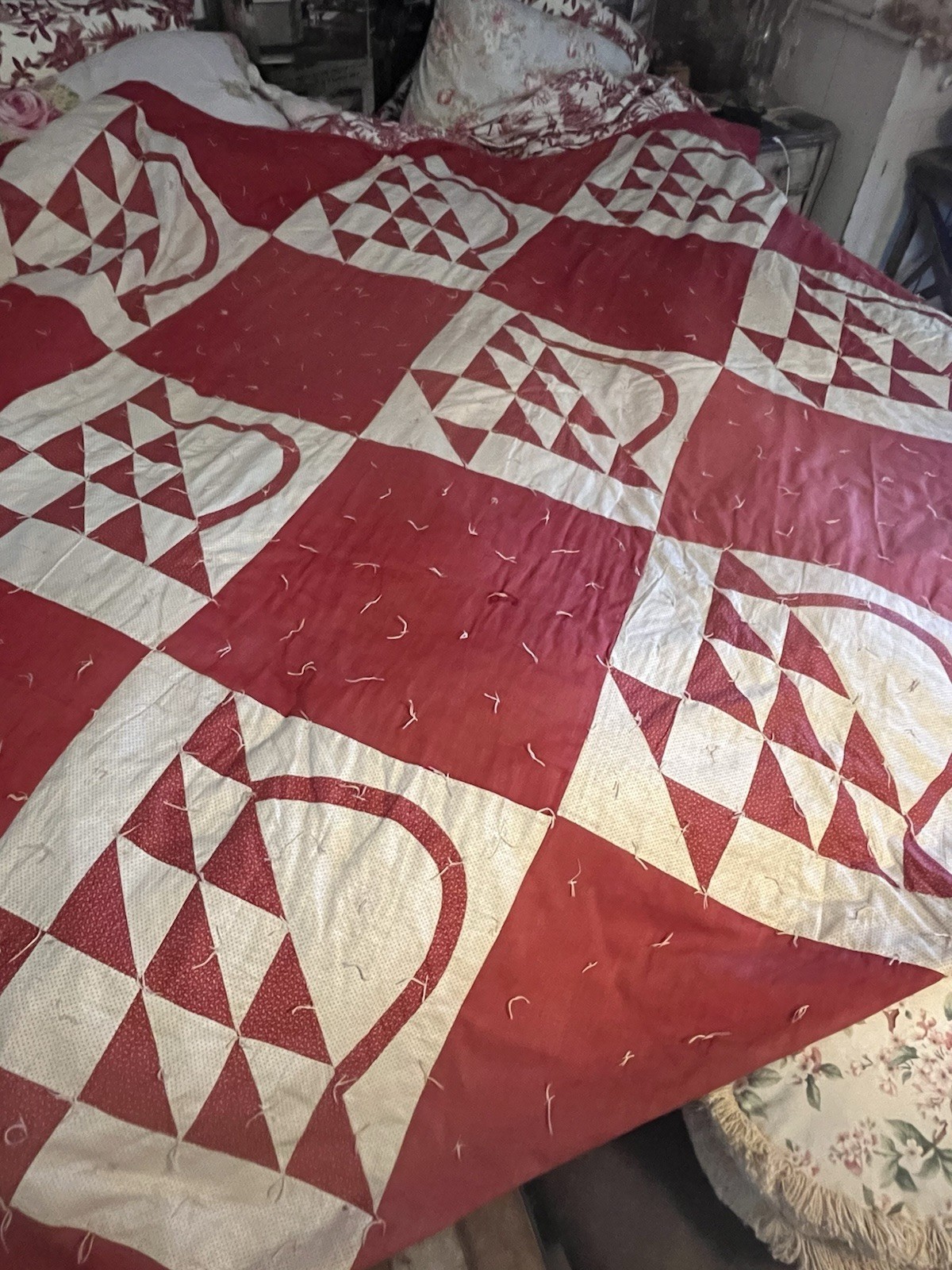 Antique c 1890 Hand-Stitched Red & White Basket Quilt – 78”with GREAT Provenance Antique c 1890 Hand-Stitched Red & White Basket Quilt – 78”with GREAT Provenance