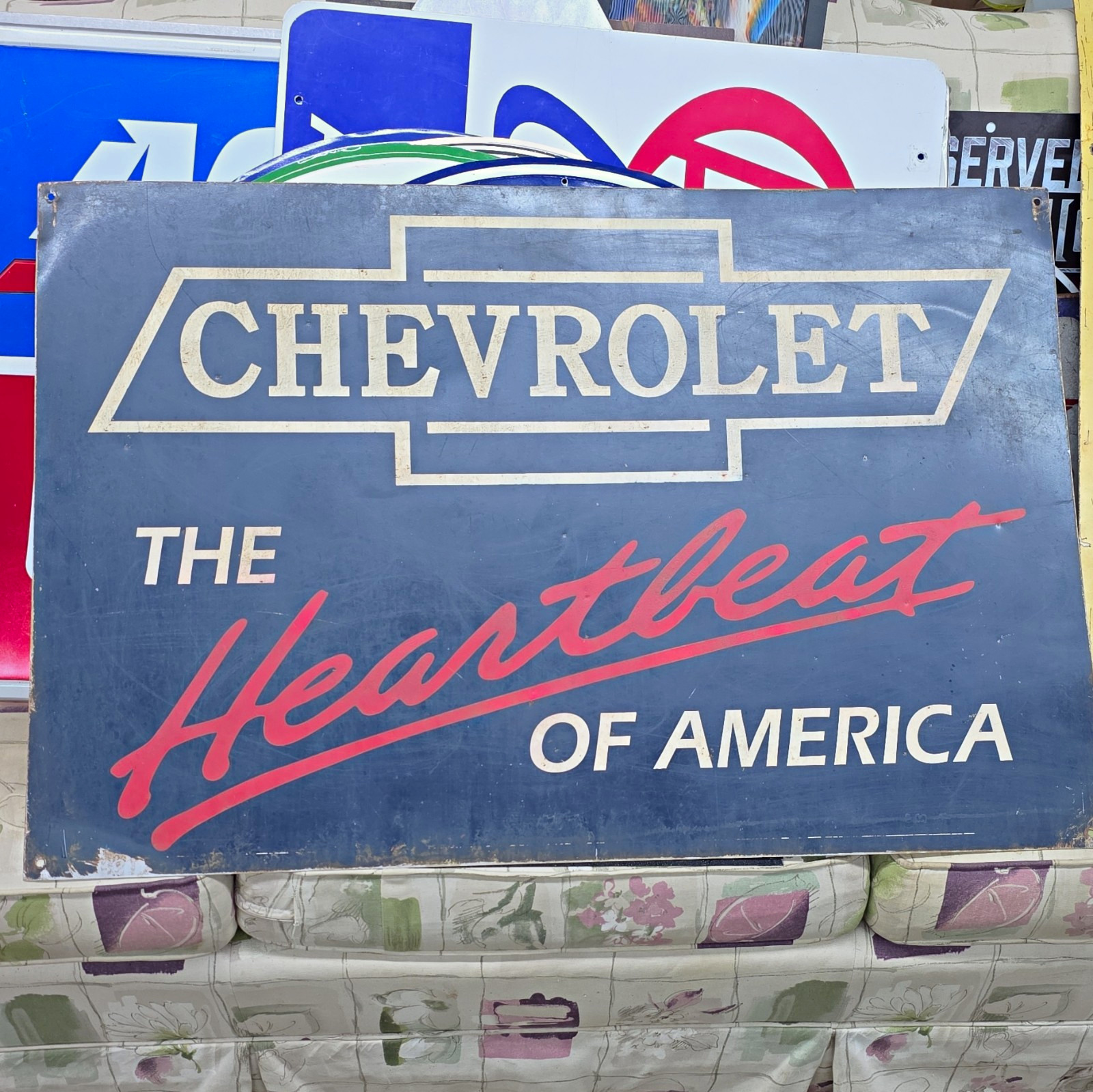 Chevrolet The Heartbeat of America Original Sign 1980s Blue White Red USA