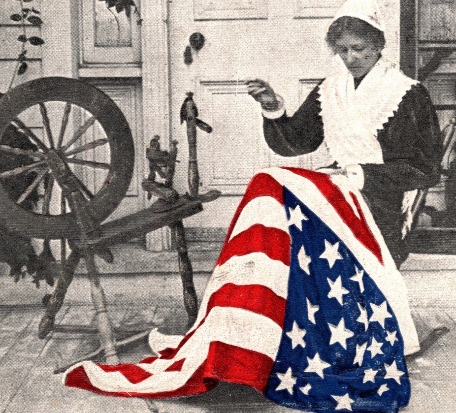 Betsy Ross Sewing First US Flag Patriotic Postcard 1907 spinning wheel Lounsbury