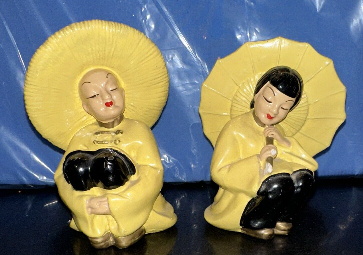 Vintage 1950 Chalkware Asian Man with Coolie Hat & Woman with Umbrella Figurine 